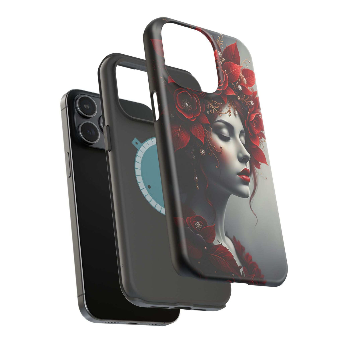 Red and white floral portrait phone case with woman face, protective black border.