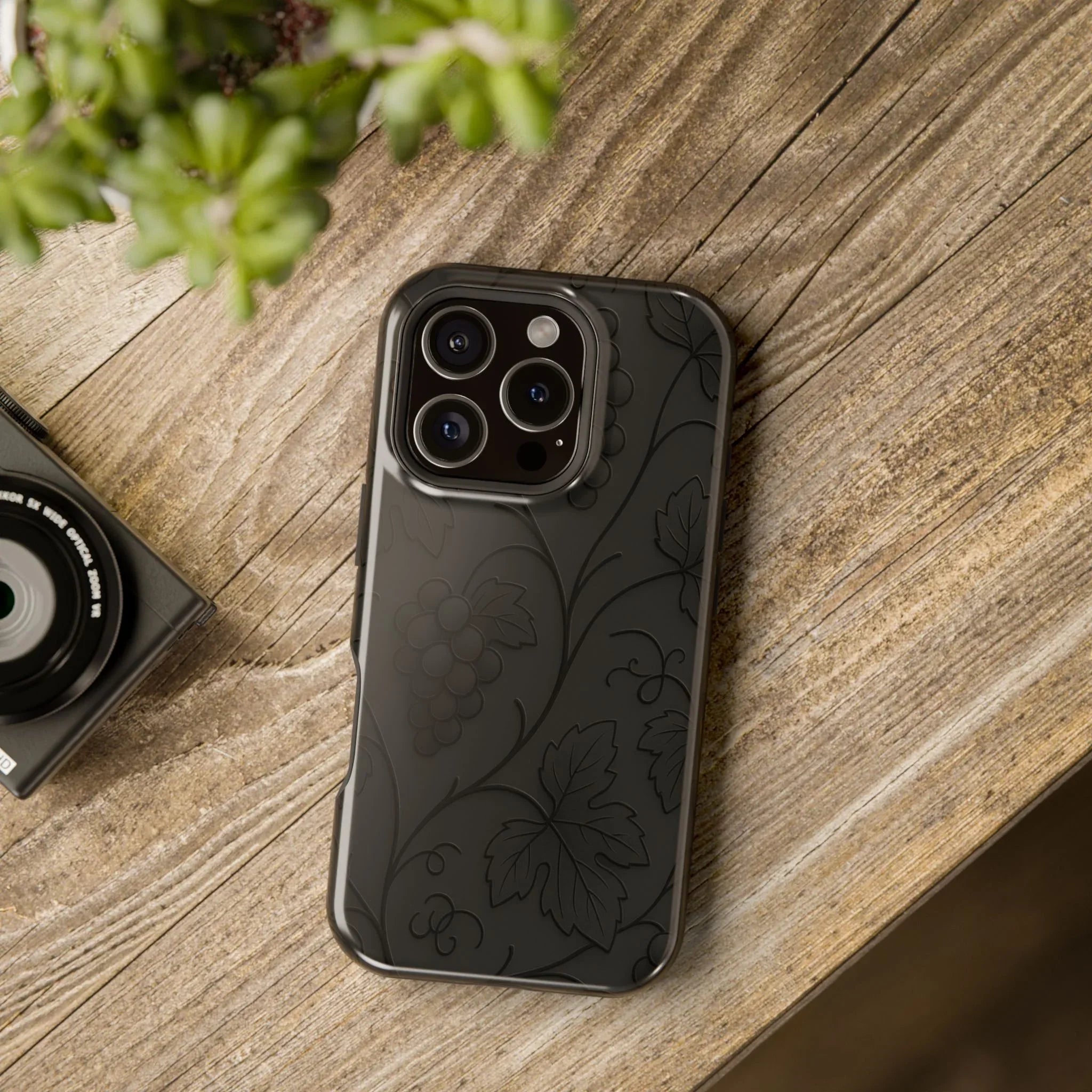 Elegant Embossed Grape Leaf Black Phone Case for iPhone and Galaxy - KARARMDESIGN