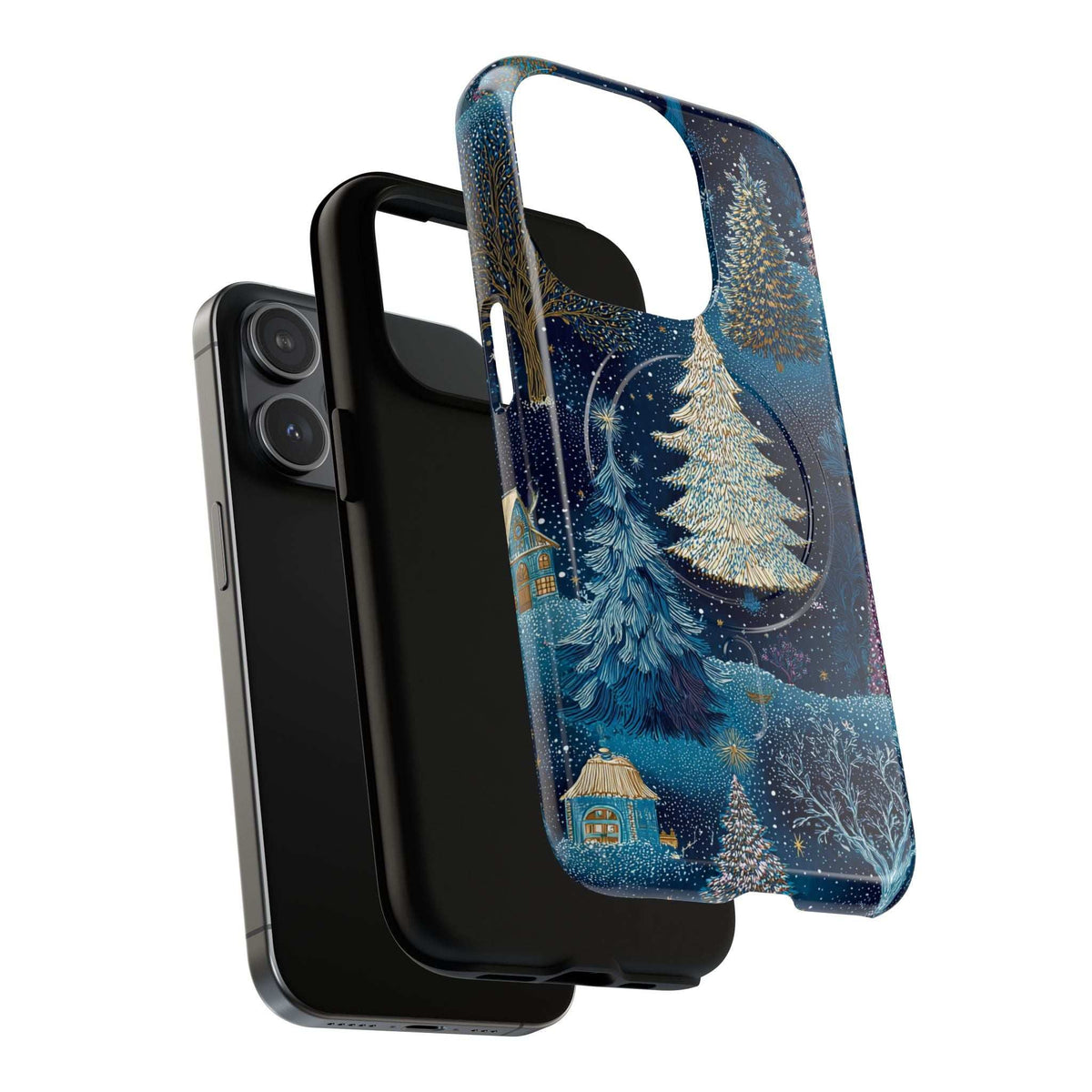 Glossy blue phone case with gold evergreen tree, blue feather detail, starry glitter print