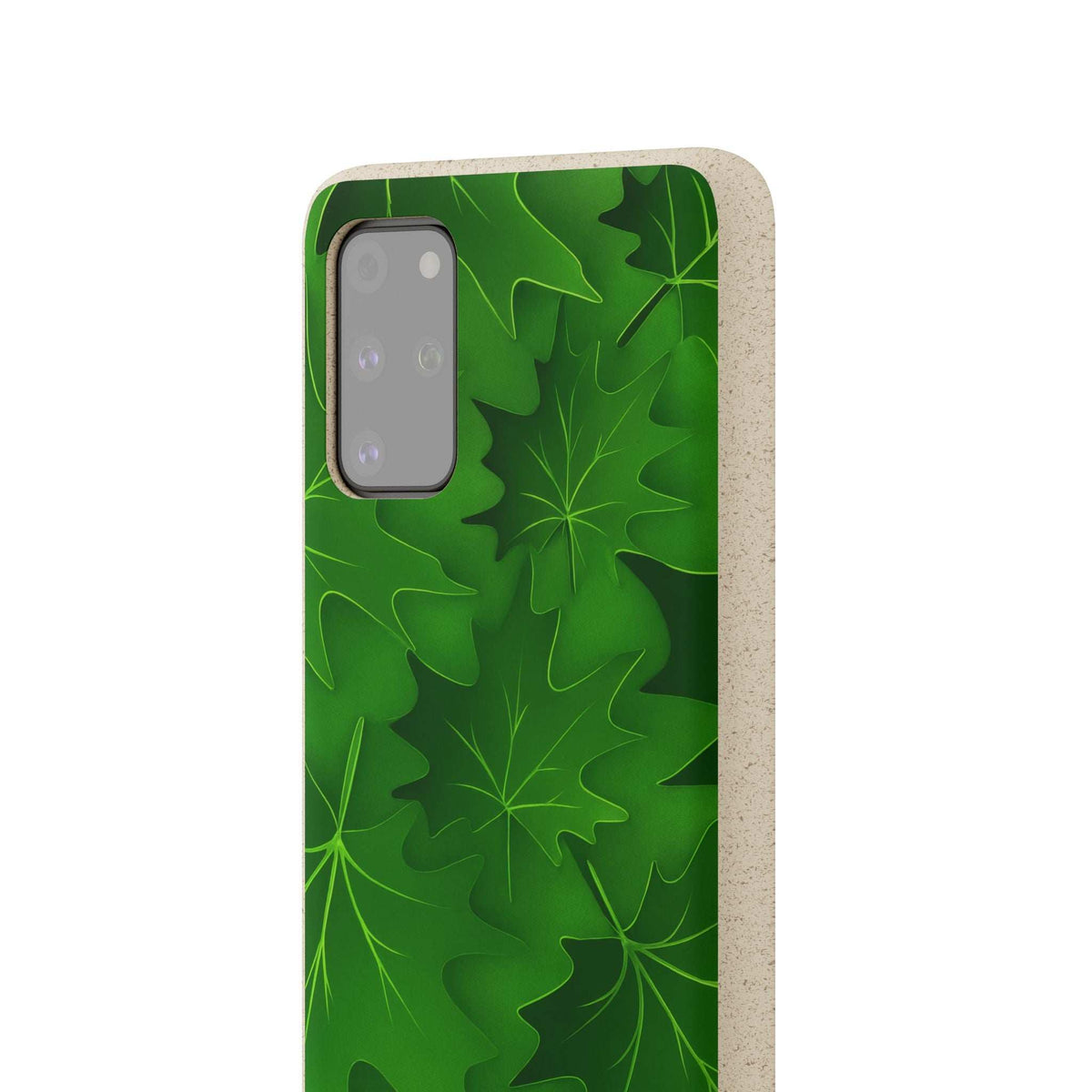 Green botanical leaf phone case with beige speckled edges and camera cutout