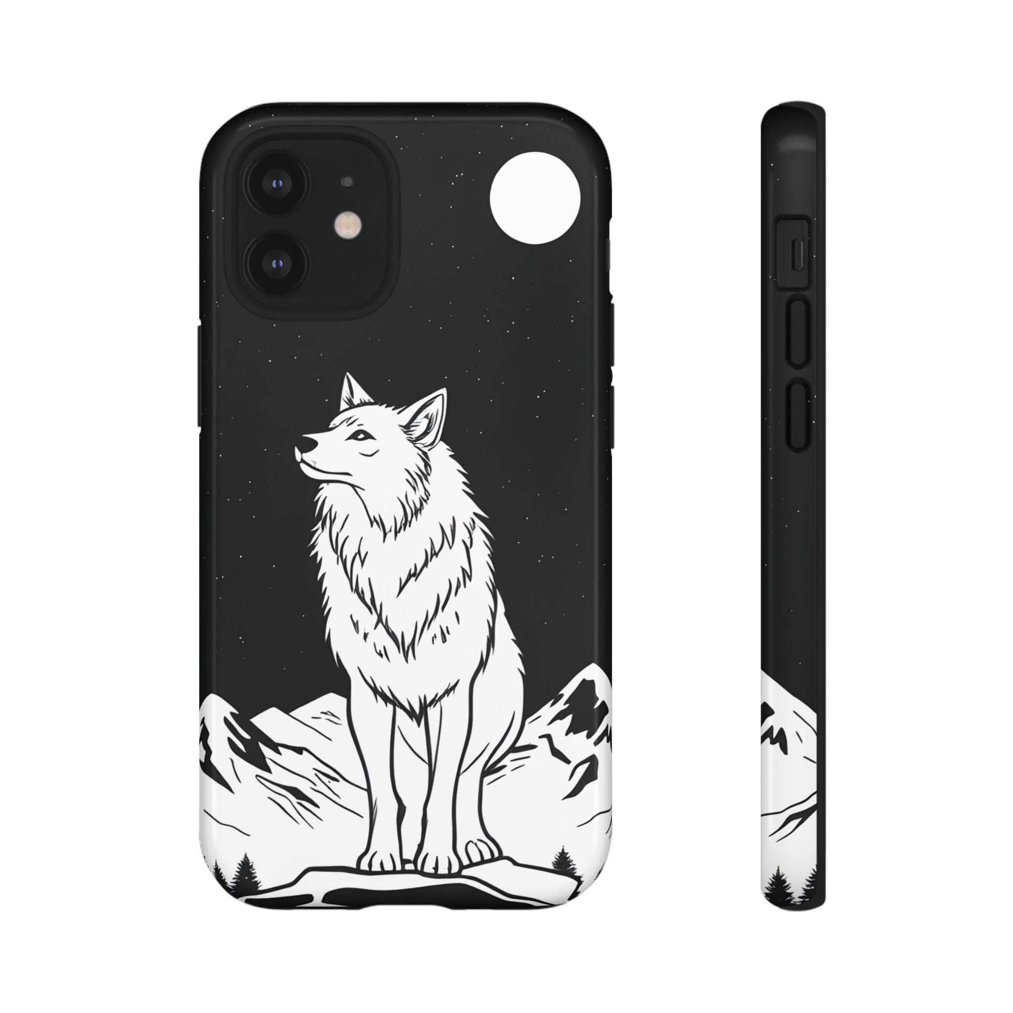 Black phone case with white wolf illustration and star speckles; front and slim side