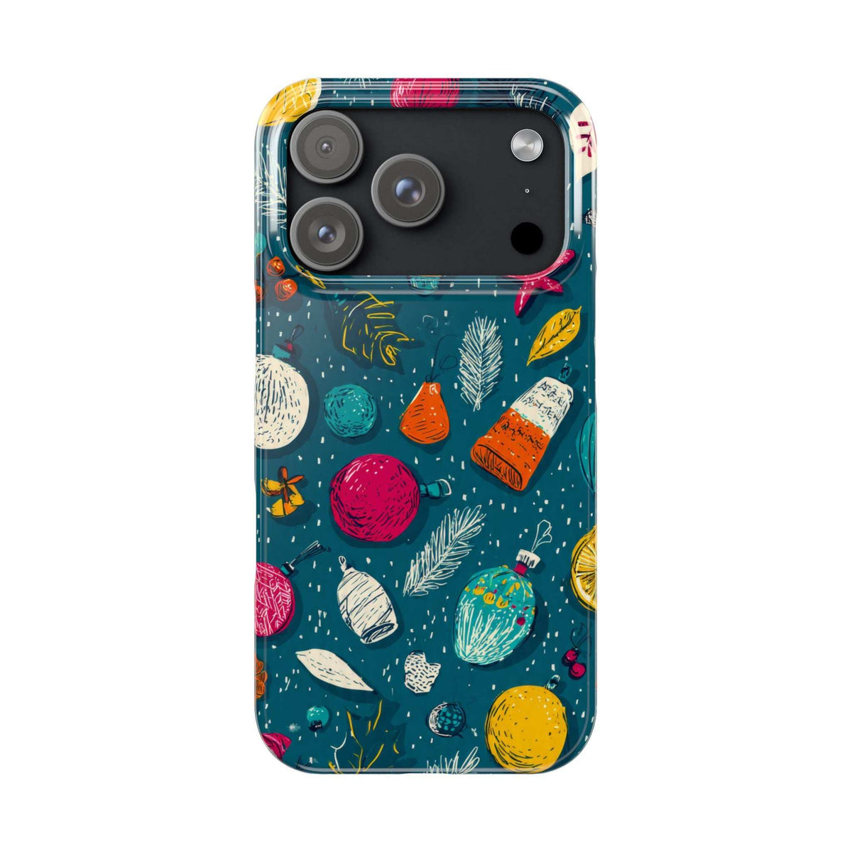 Teal winter phone case with holiday ornaments pattern and raised camera cutout