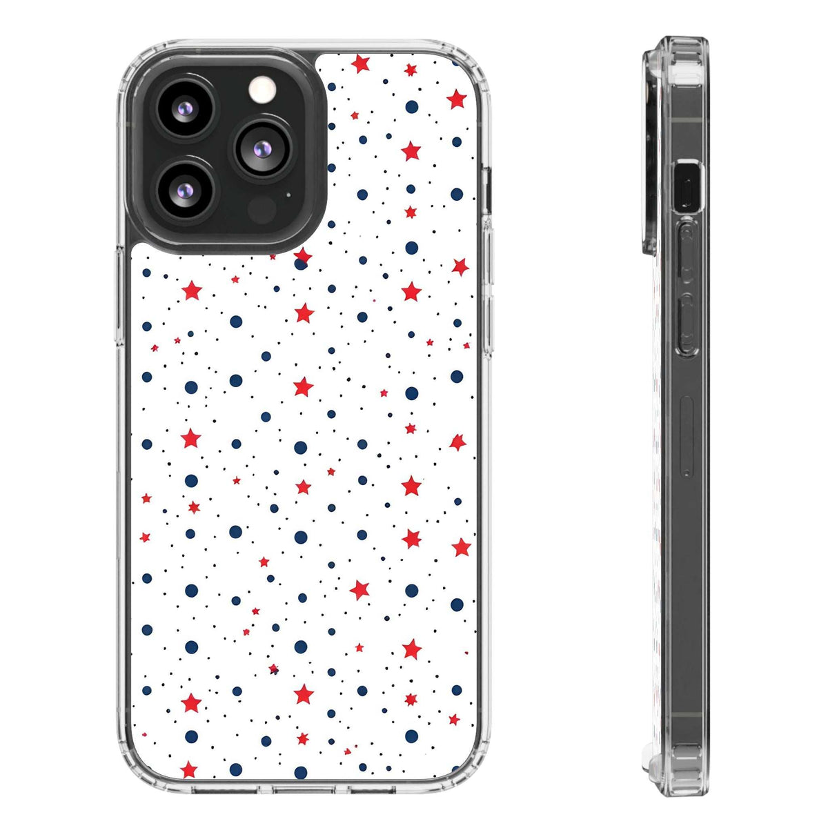 Clear phone case with red stars and blue dots pattern on white; back view