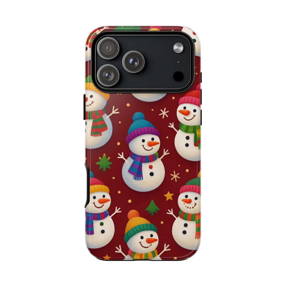 Glossy phone case with festive snowmen pattern, visible rear camera module cutouts