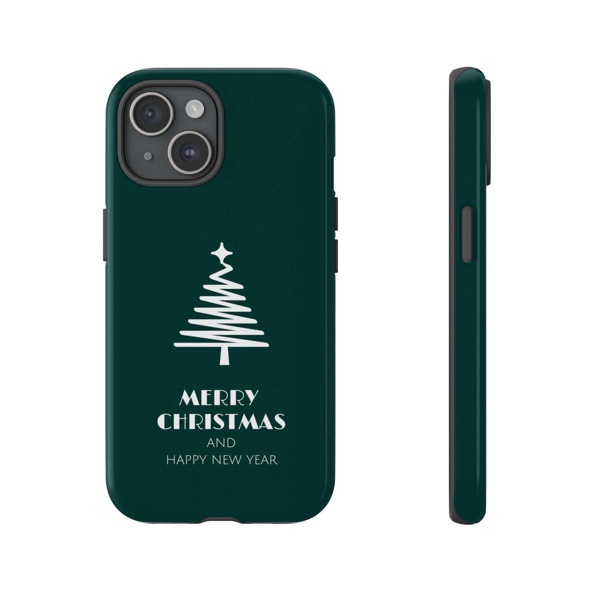 Dark green glossy phone case with Christmas tree, 'Merry Christmas' and 'Happy New Year'; side