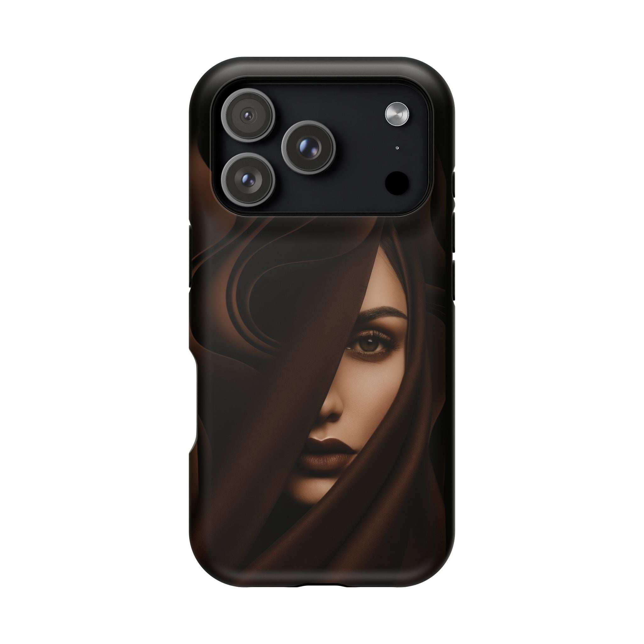 Black phone case with moody woman portrait; camera lenses and flash cutout