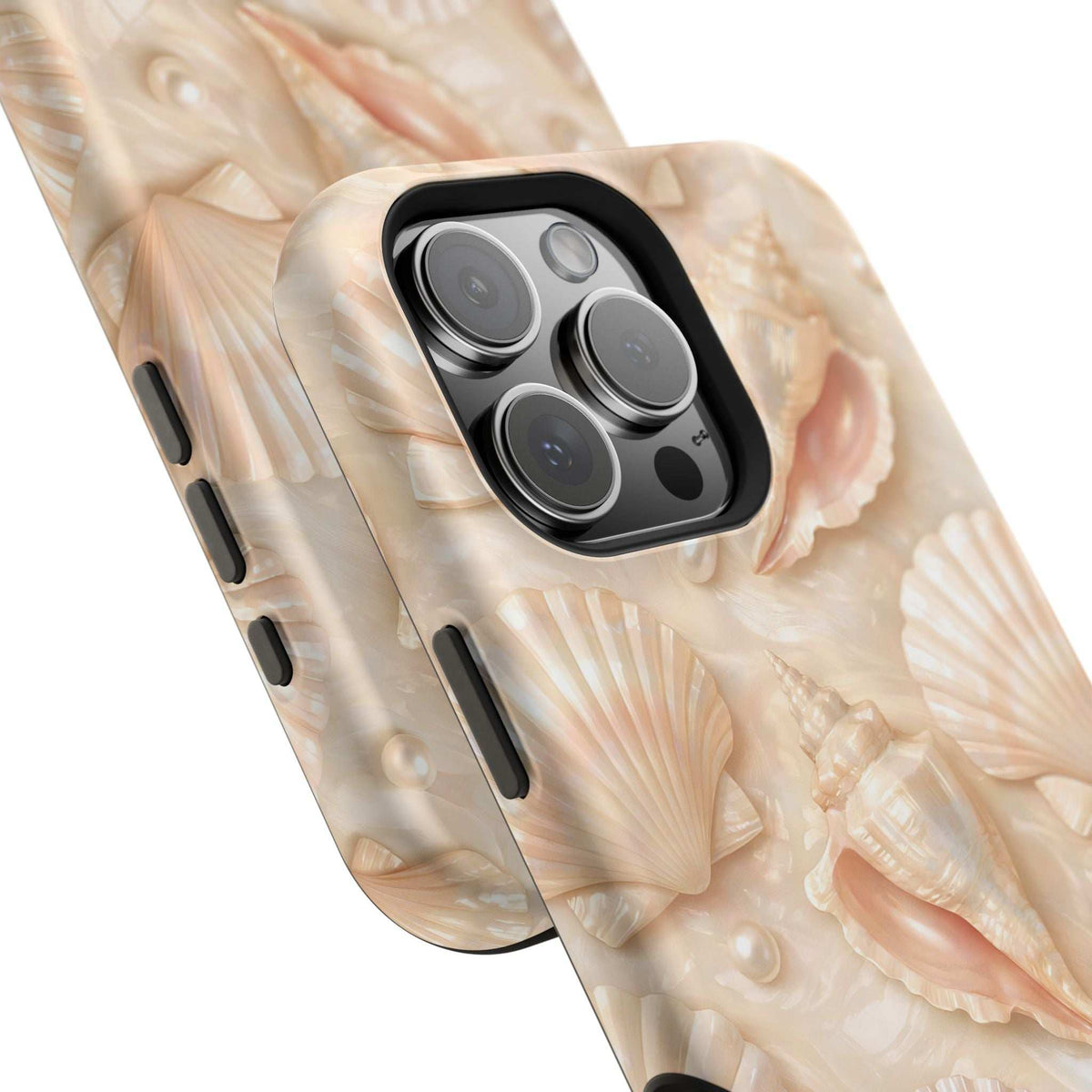 Seashell phone case with camera cutout, raised shell pattern, light beige