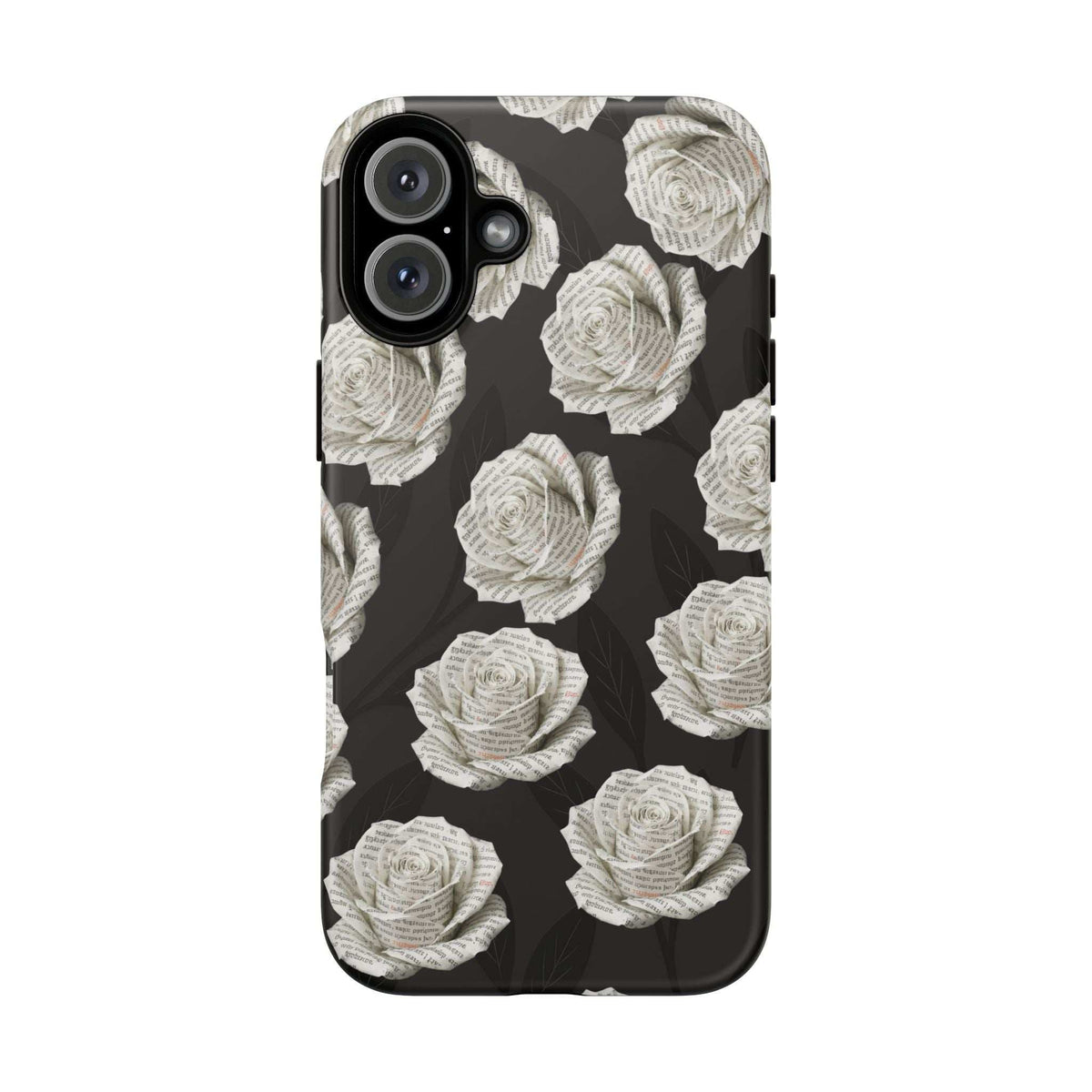 Phone case back angled view with black background and white rose pattern, camera module visible.