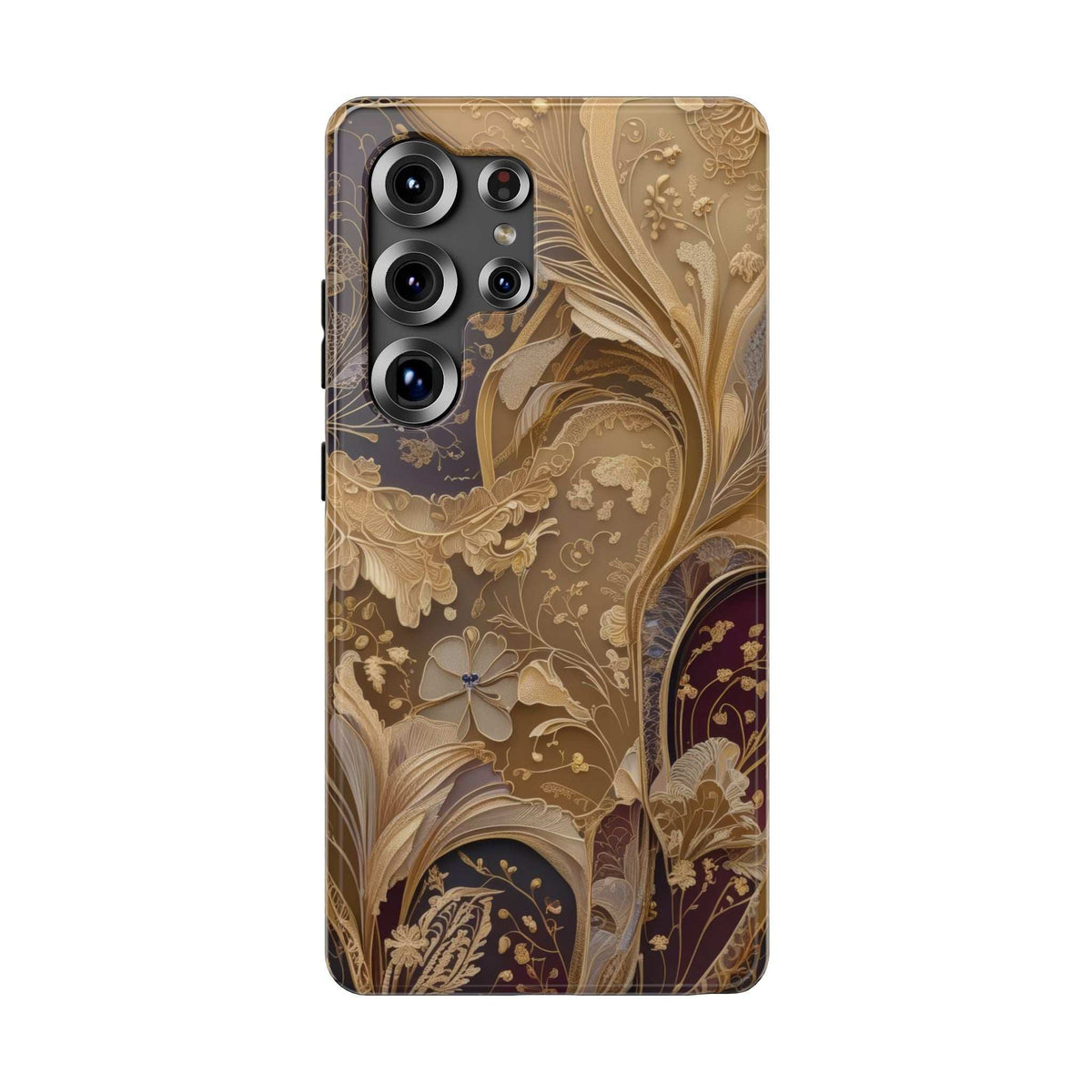 Tan and dark botanical phone case with large flower motif and camera lens cutouts