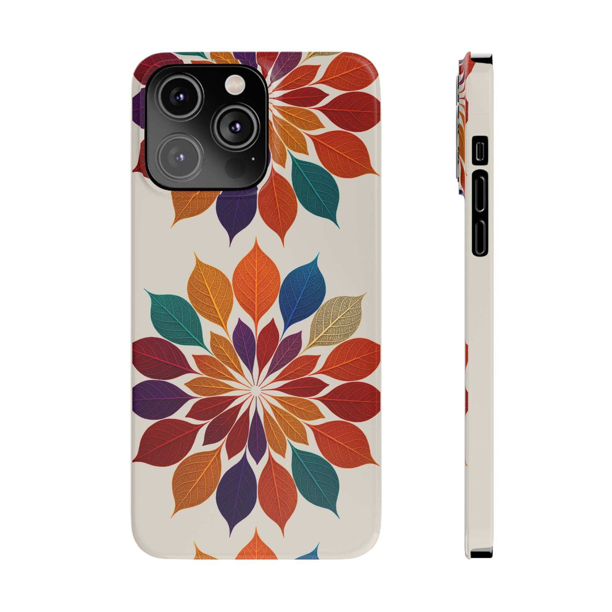 Leaf mandala phone case front and side views with multicolor leaf flower pattern