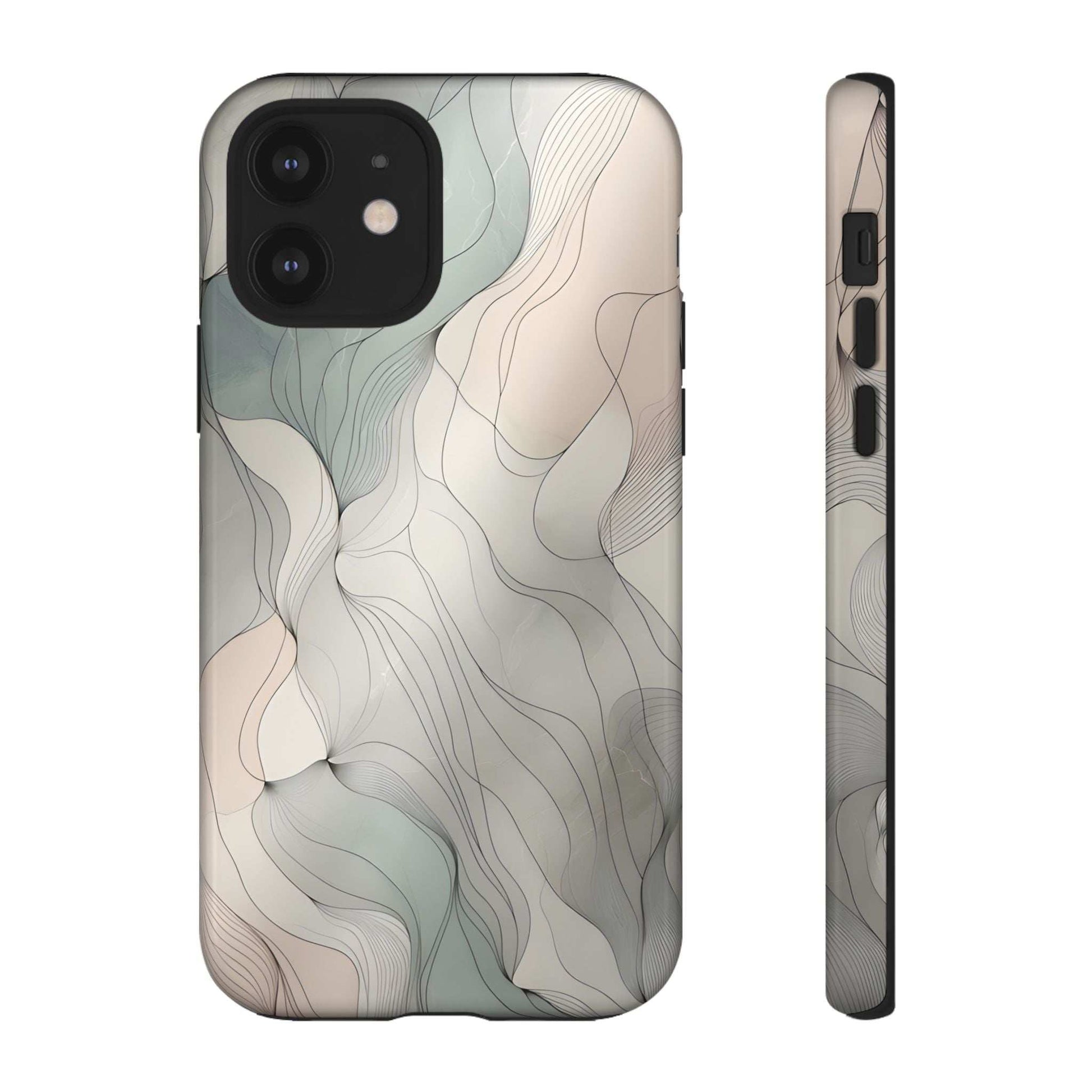 Phone case featuring pastel wave swirls in light beige and teal, visible camera module cutouts.