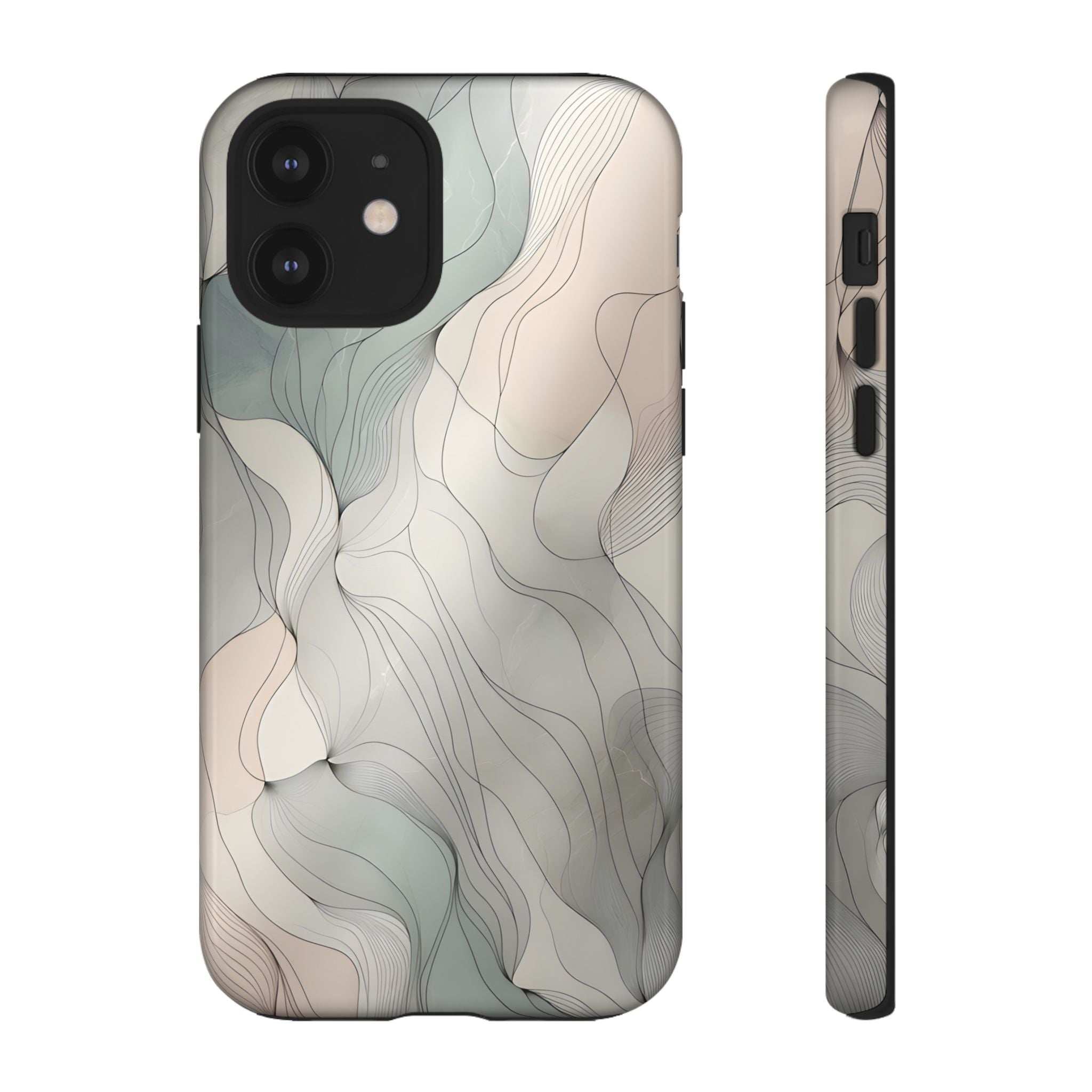 Phone case featuring pastel wave swirls in light beige and teal, visible camera module cutouts.