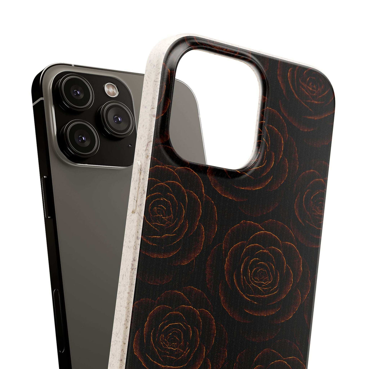 Rose-pattern phone case with dark finish, camera cutouts, and border lip