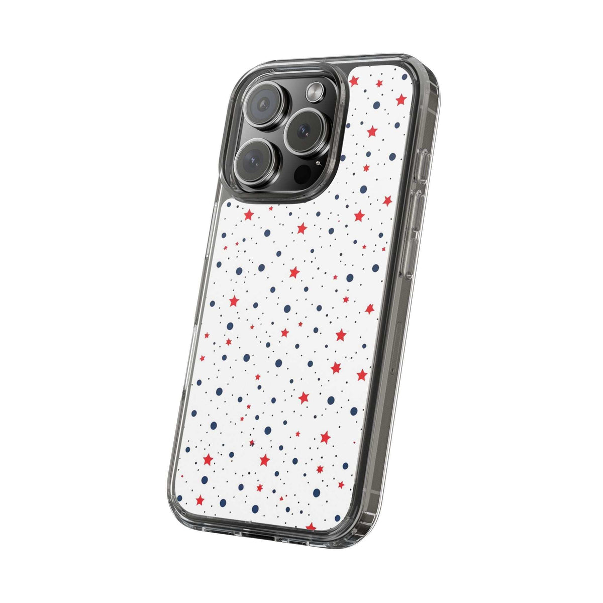 Clear phone case with red stars and blue dots on white; angled back with four-camera cutouts