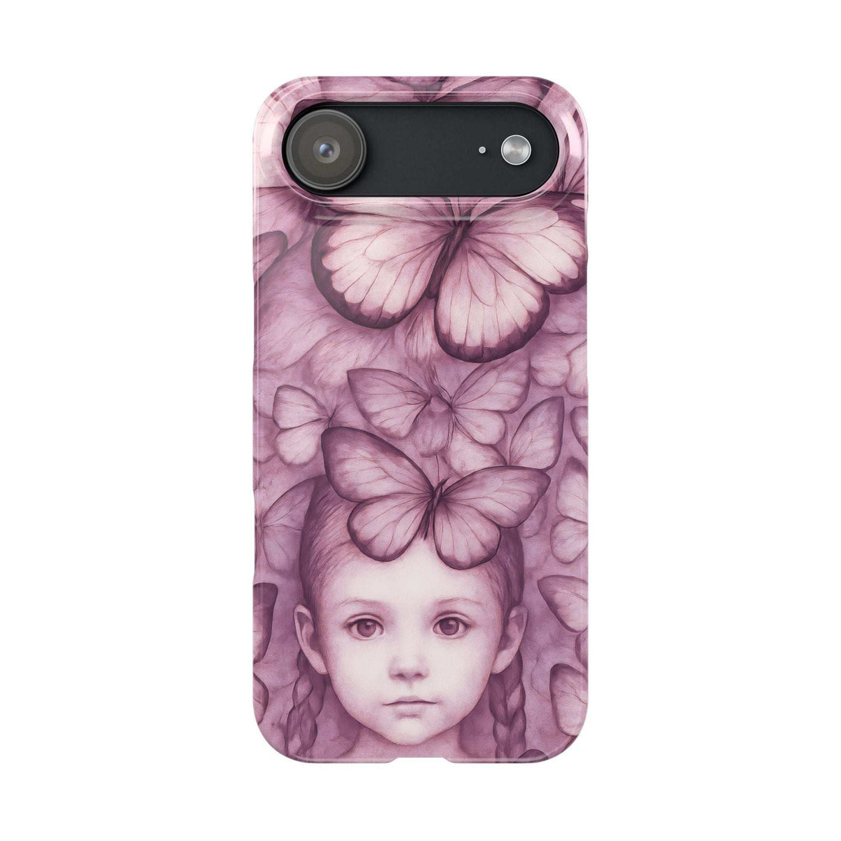 Purple phone case back with butterfly pattern and young girl face; speaker and camera openings.