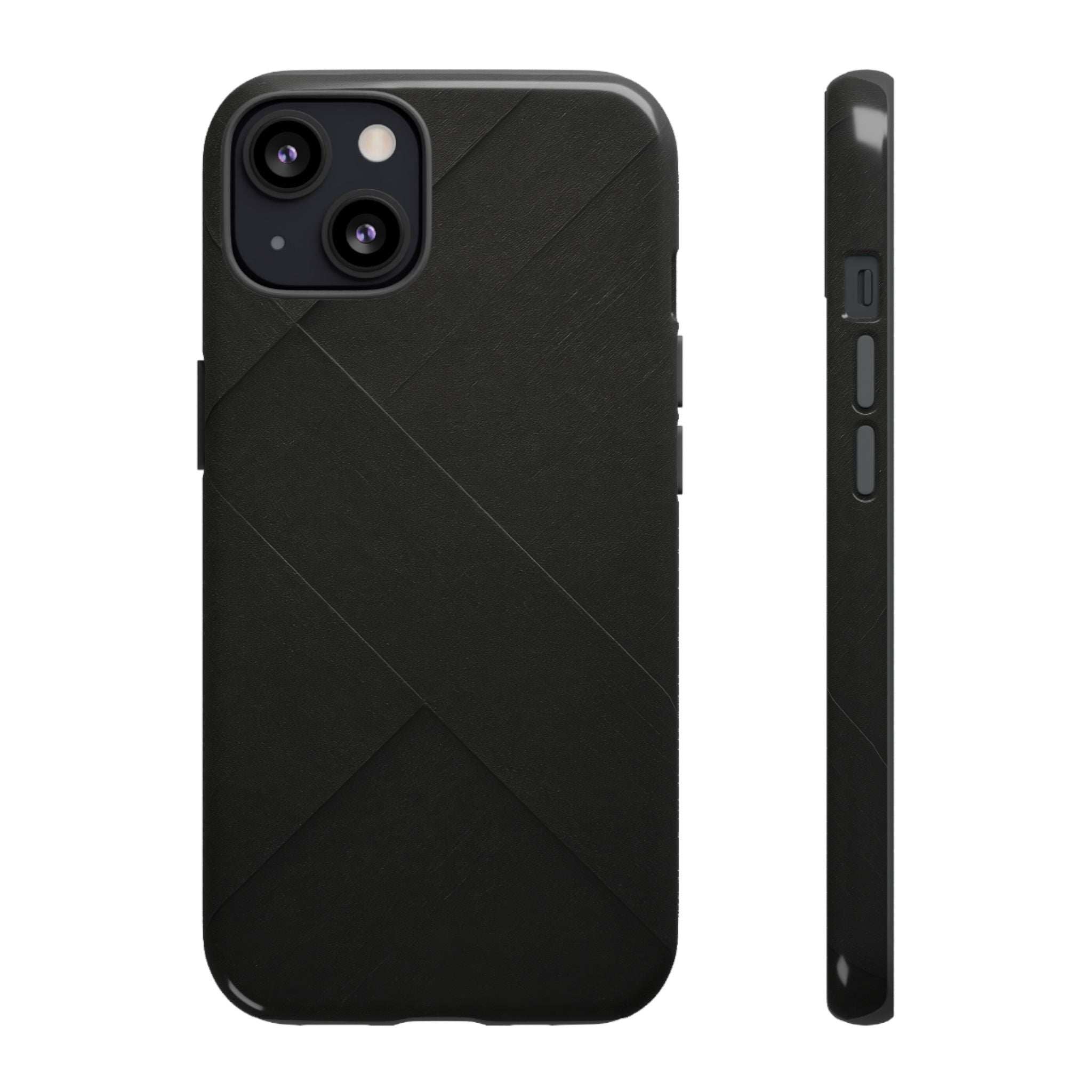 Matte black phone case with diagonal line design and camera cutouts