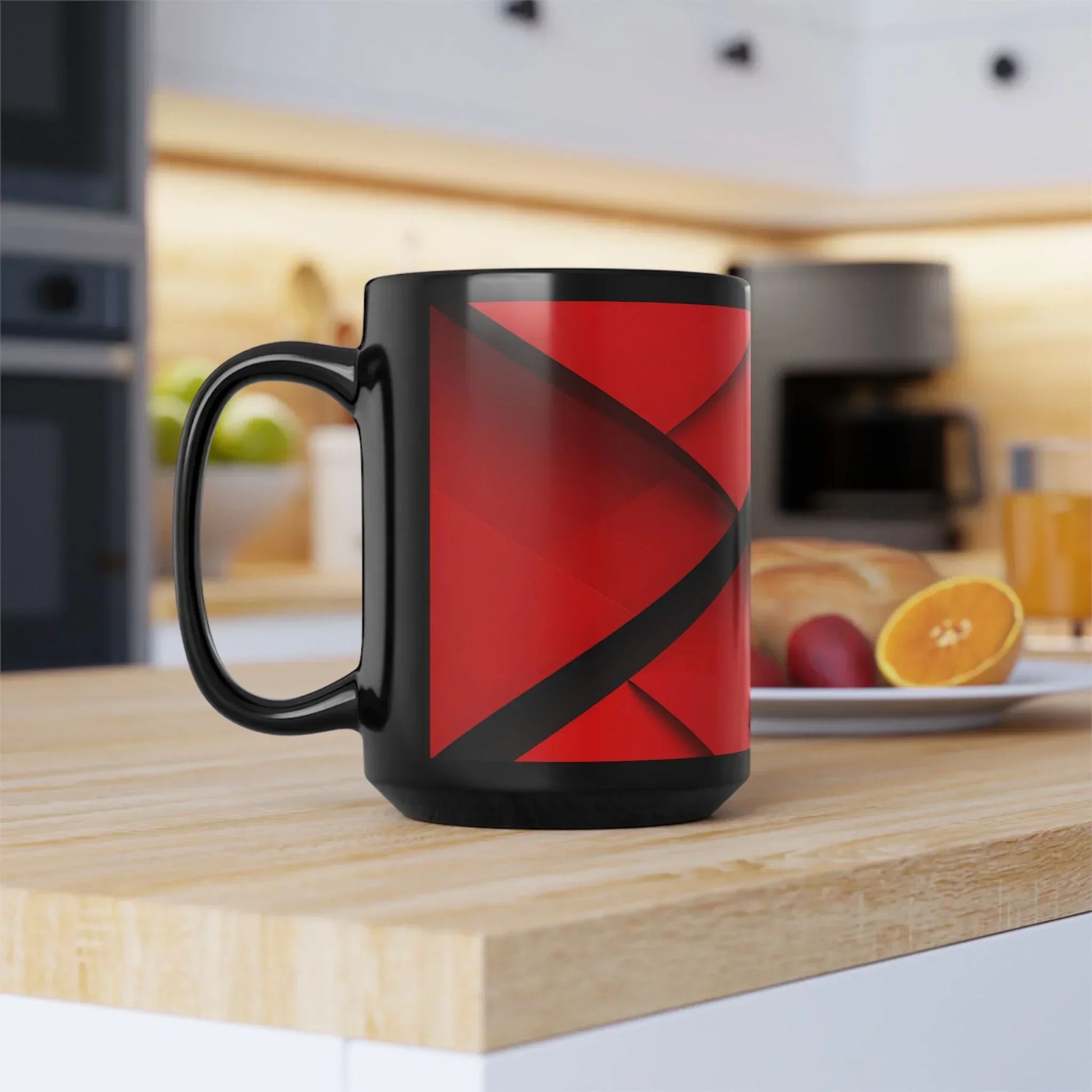 Geometric Red & Black Mug – Abstract Lines Design, 15oz - KarArmDesign