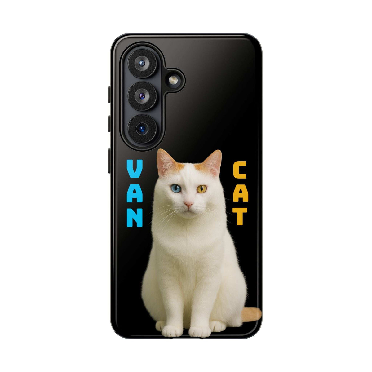 Black glossy phone case with white cat graphic, raised camera bump, and side buttons