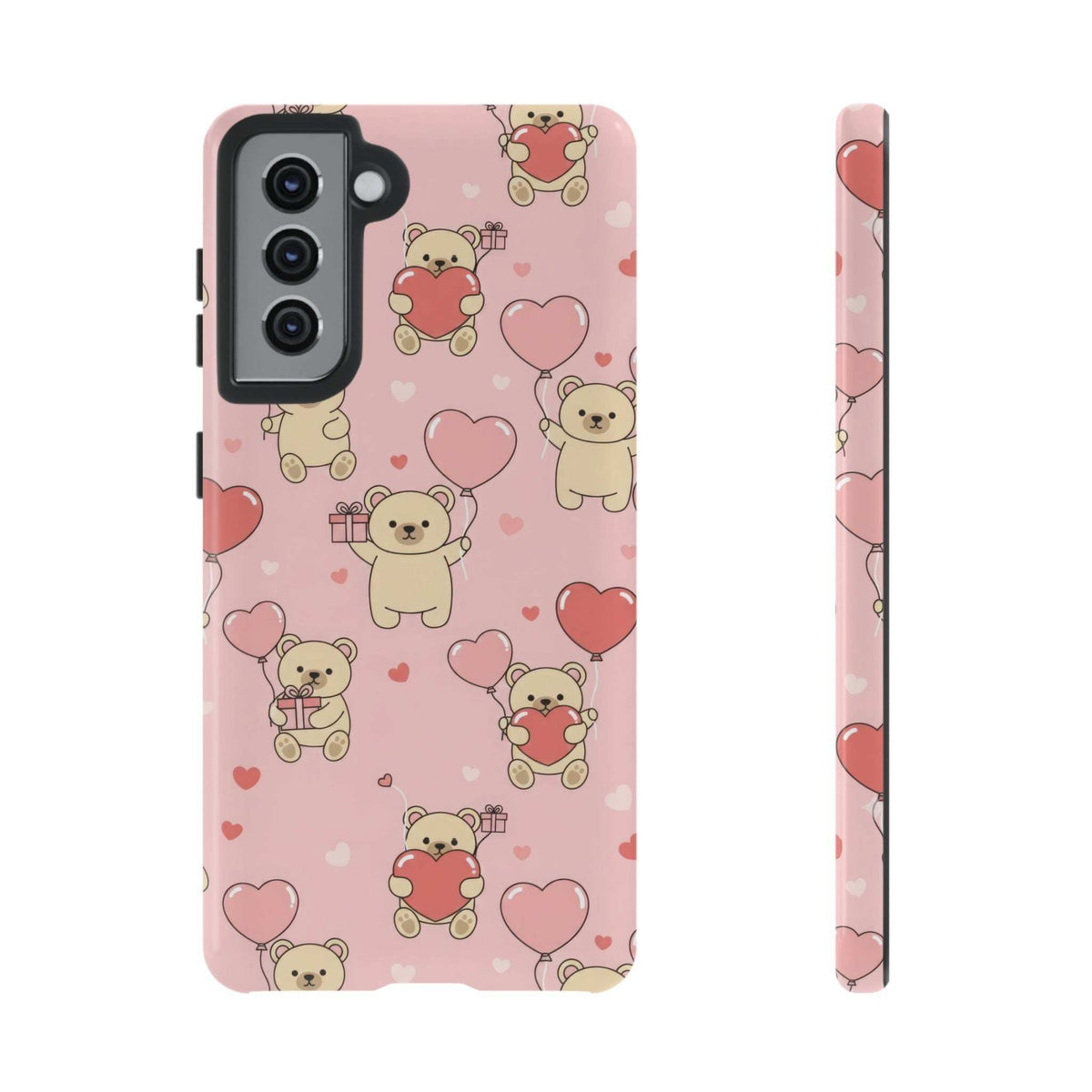 Pink teddy bear hearts phone case with camera cutouts and visible slim side edge