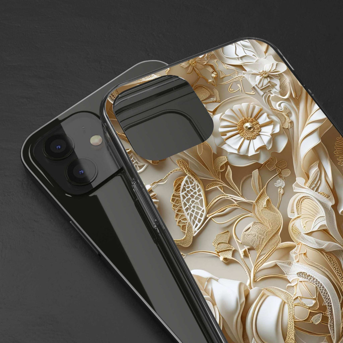 Clear phone case with gold floral pattern, front and back phones shown
