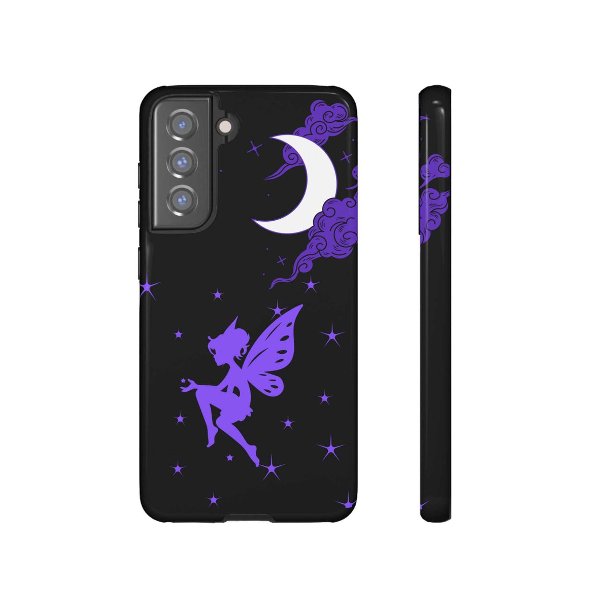Black phone case with purple moon, cloud curls, and fairy wings; camera cutouts visible