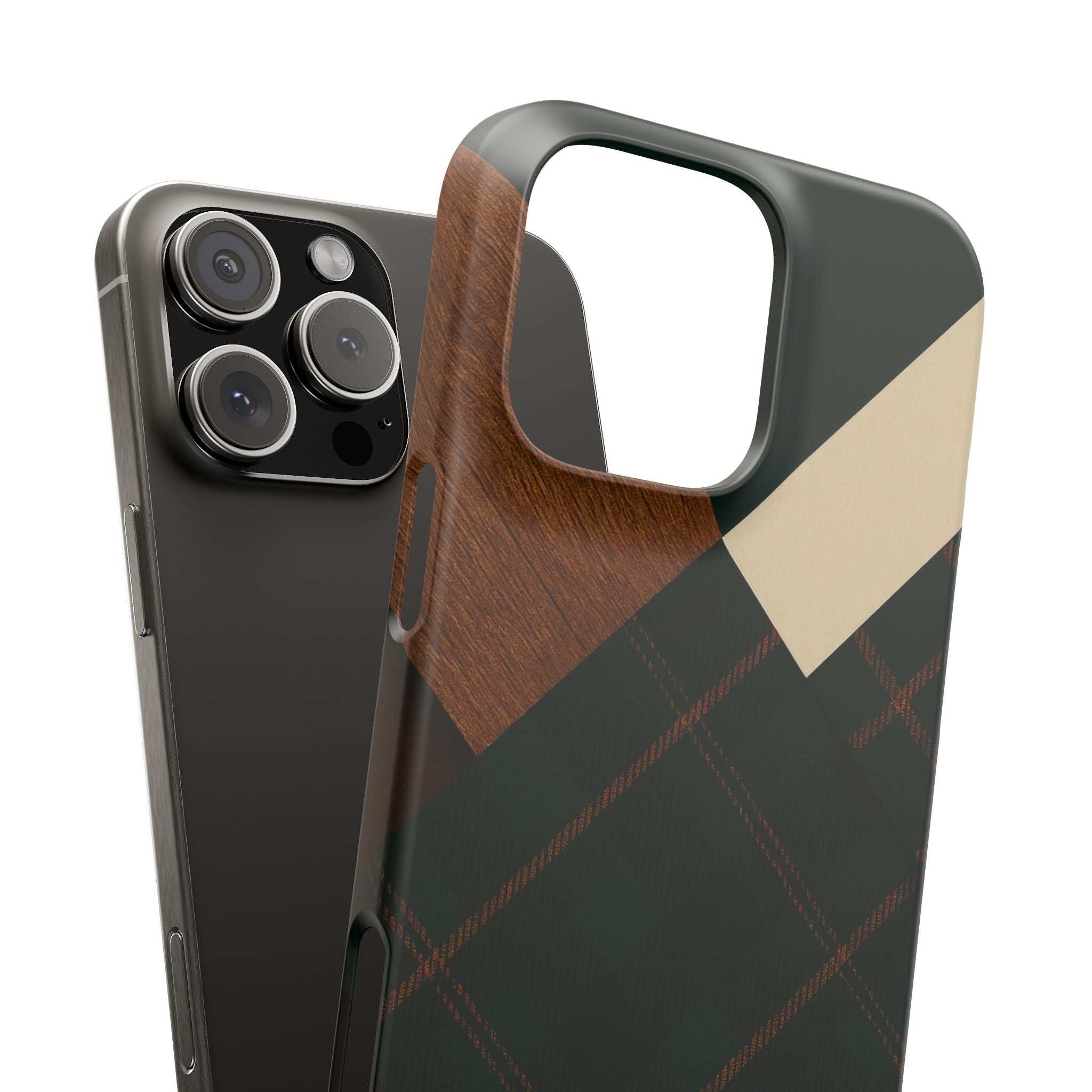 Phone case with wood-look grip, dark green plaid with beige chevron panel