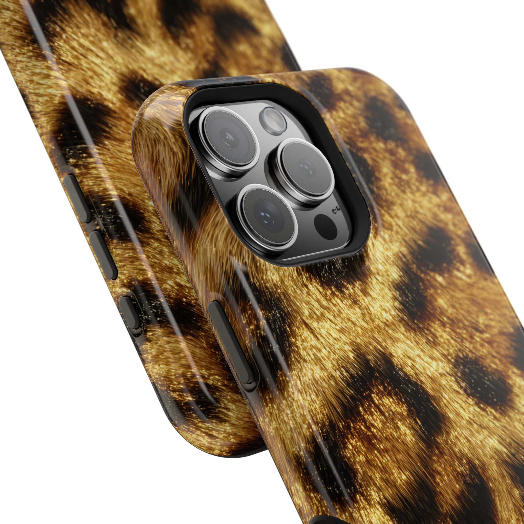 Leopard print phone case close-up with glossy gold-brown pattern and camera openings
