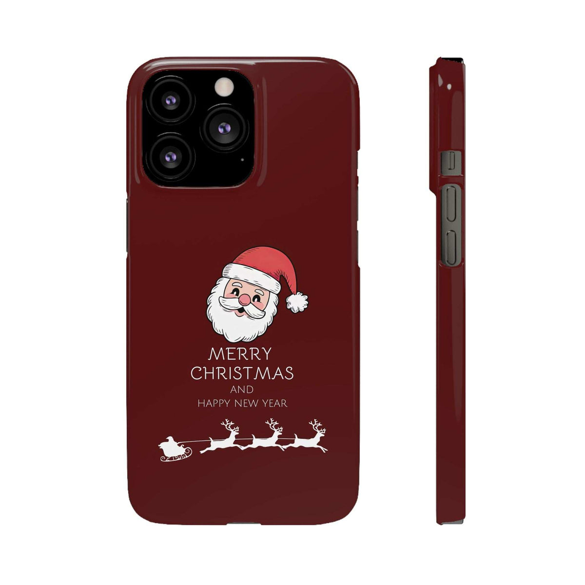Maroon glossy phone case with Santa graphic and “MERRY CHRISTMAS AND HAPPY NEW YEAR,” camera area