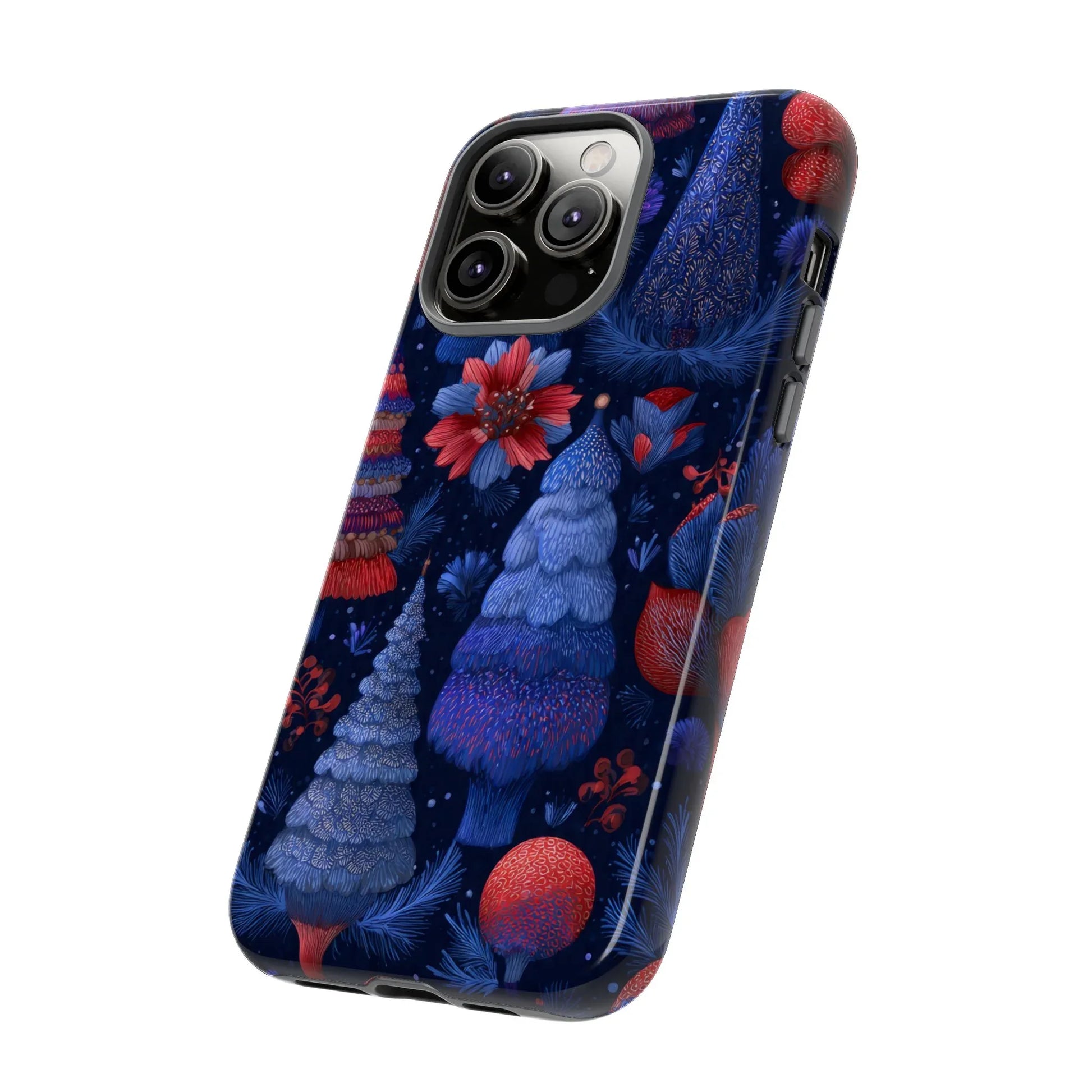 Midnight Blue Christmas Forest Phone Case for iPhone 8-17 and Galaxy S21–S25 - KARARMDESIGN