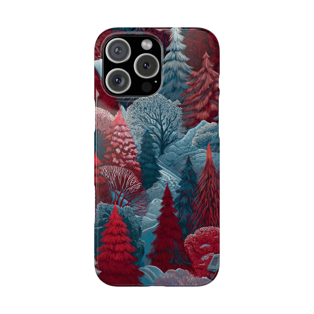 Phone case with red and blue forest illustration and raised camera cutouts for iPhone