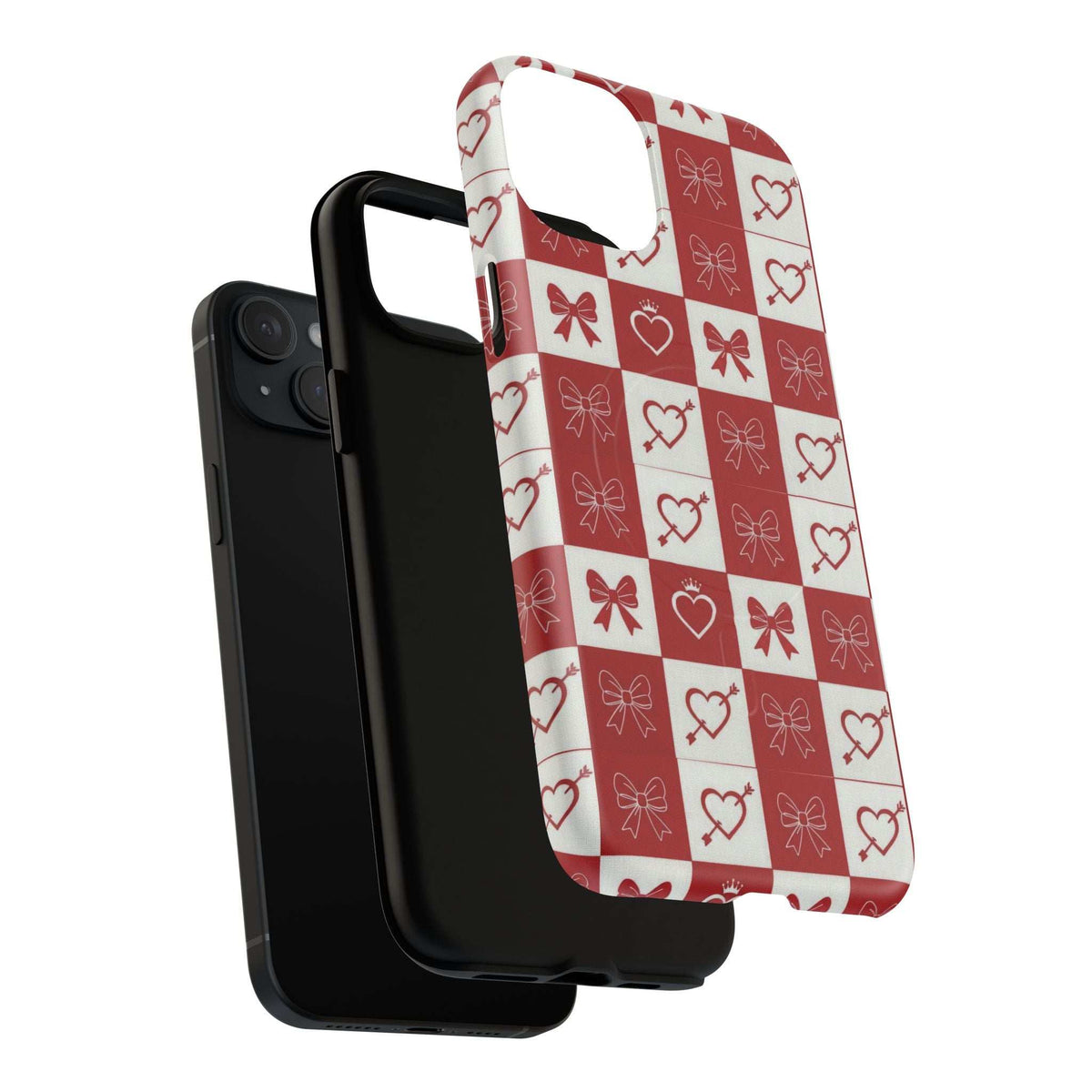 Red and white checkered phone case with heart and bow motifs, side buttons visible