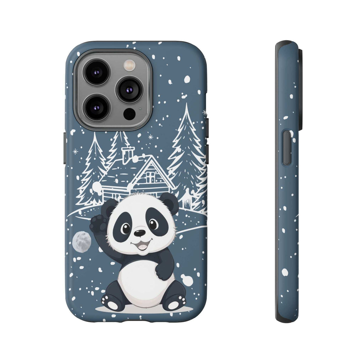 Dark blue panda winter phone case with panda character and snowy house scene