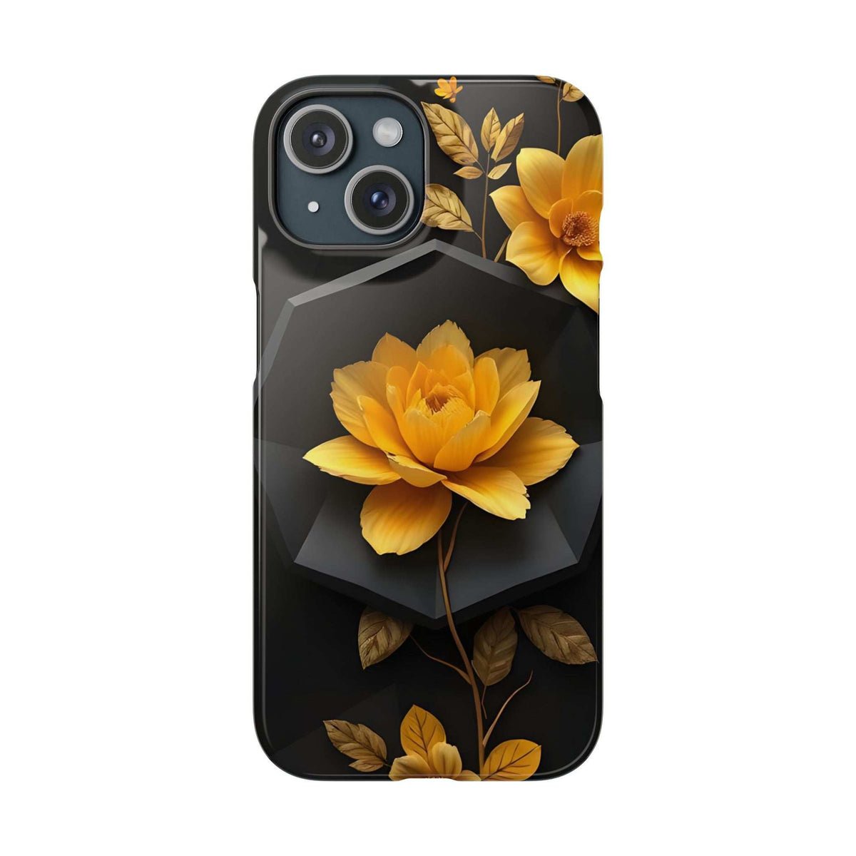 Black phone case with yellow floral blooms and gold leaves, with camera cutouts.