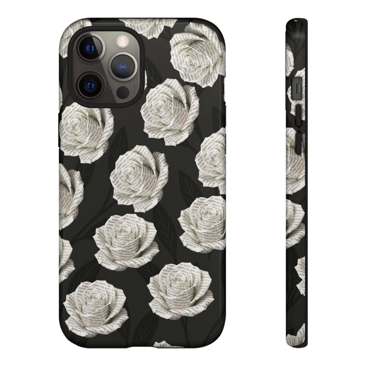 Black phone case with white rose pattern and cutouts for camera and buttons