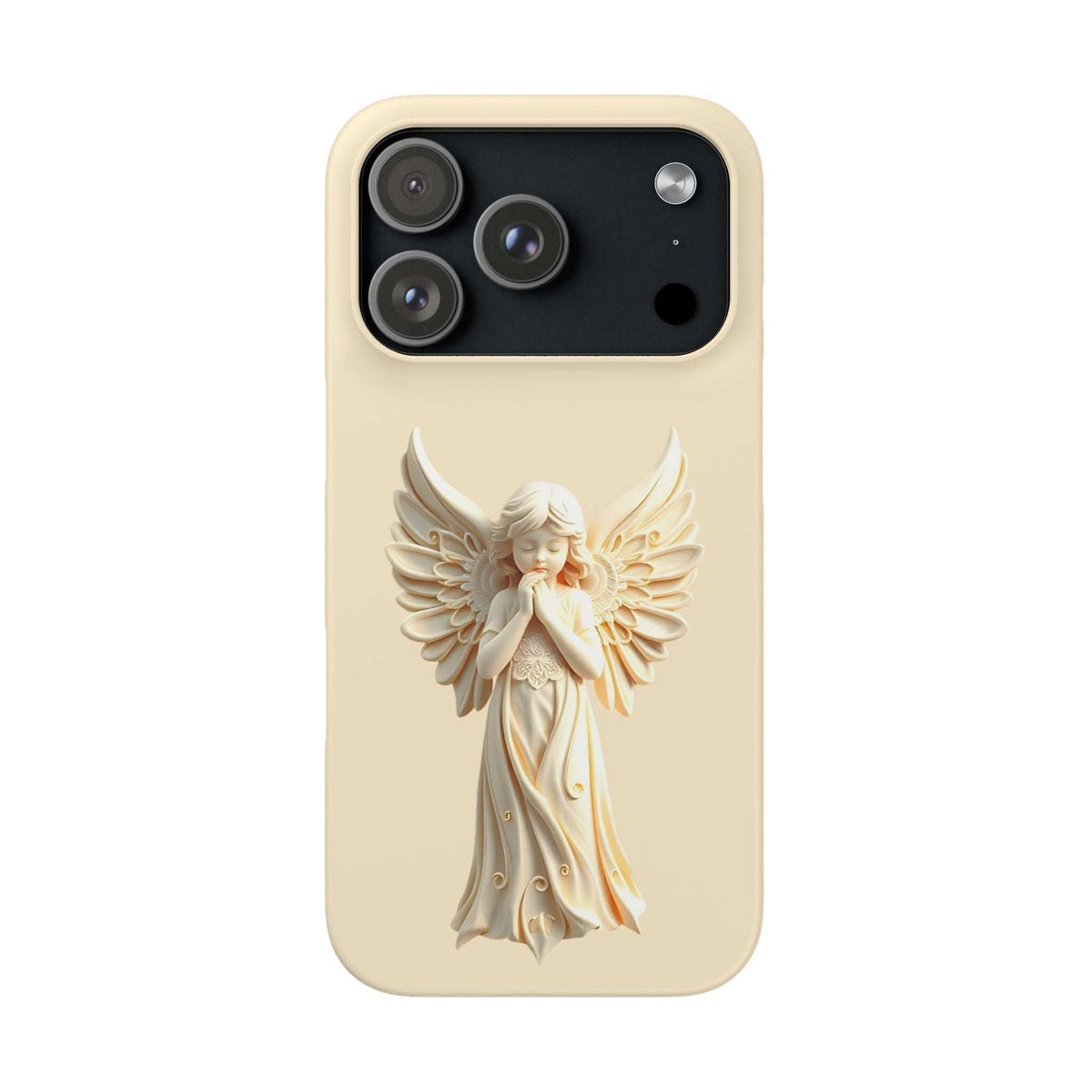 Light beige phone case with raised angel wings figure and triple-lens camera cutout