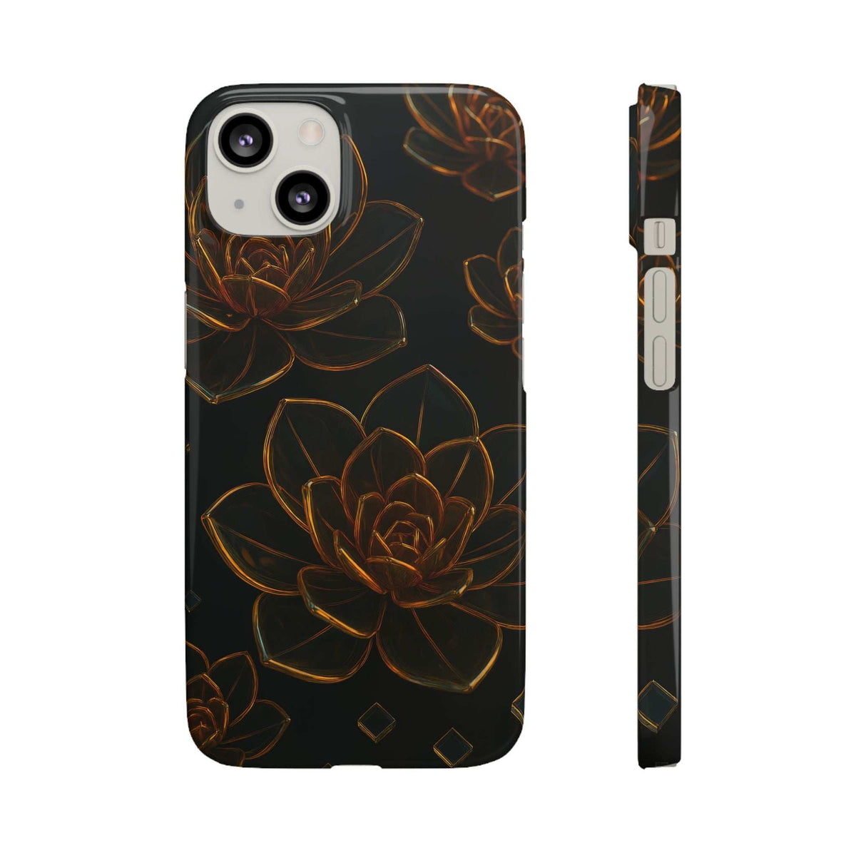 Glossy glass flower phone case, black with orange line-art blooms; rear view and thin side