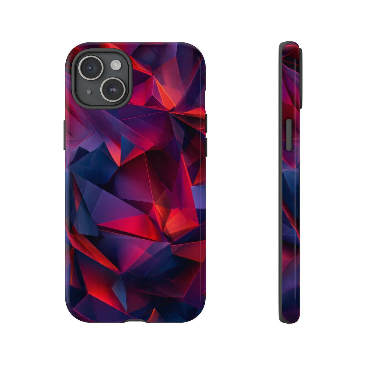 Glossy phone case showing front-facing side edge with prism pattern in red and blue