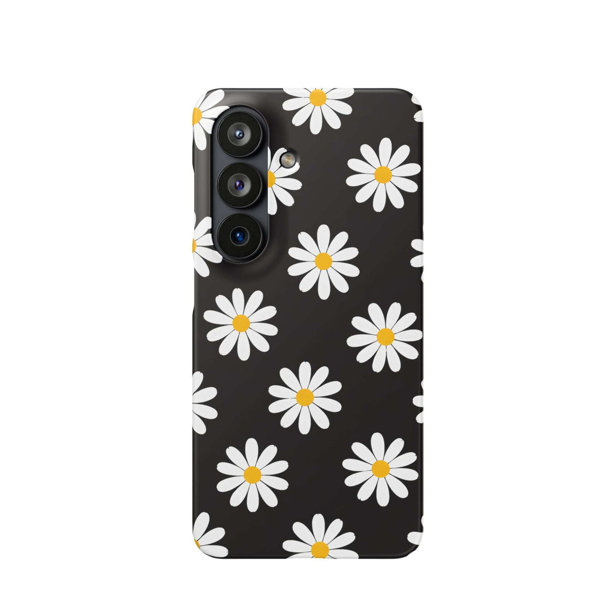 Black phone case with a daisy print; raised cutouts for 3 camera lenses