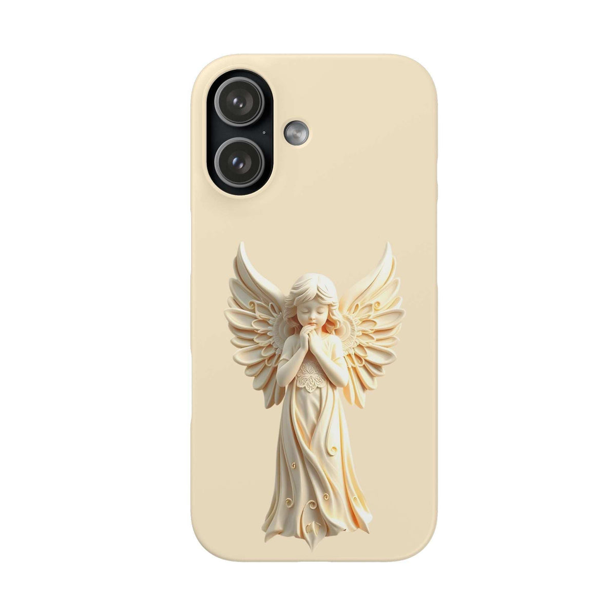 Light beige phone case with raised angel figurine, detailed wings, and camera cutout