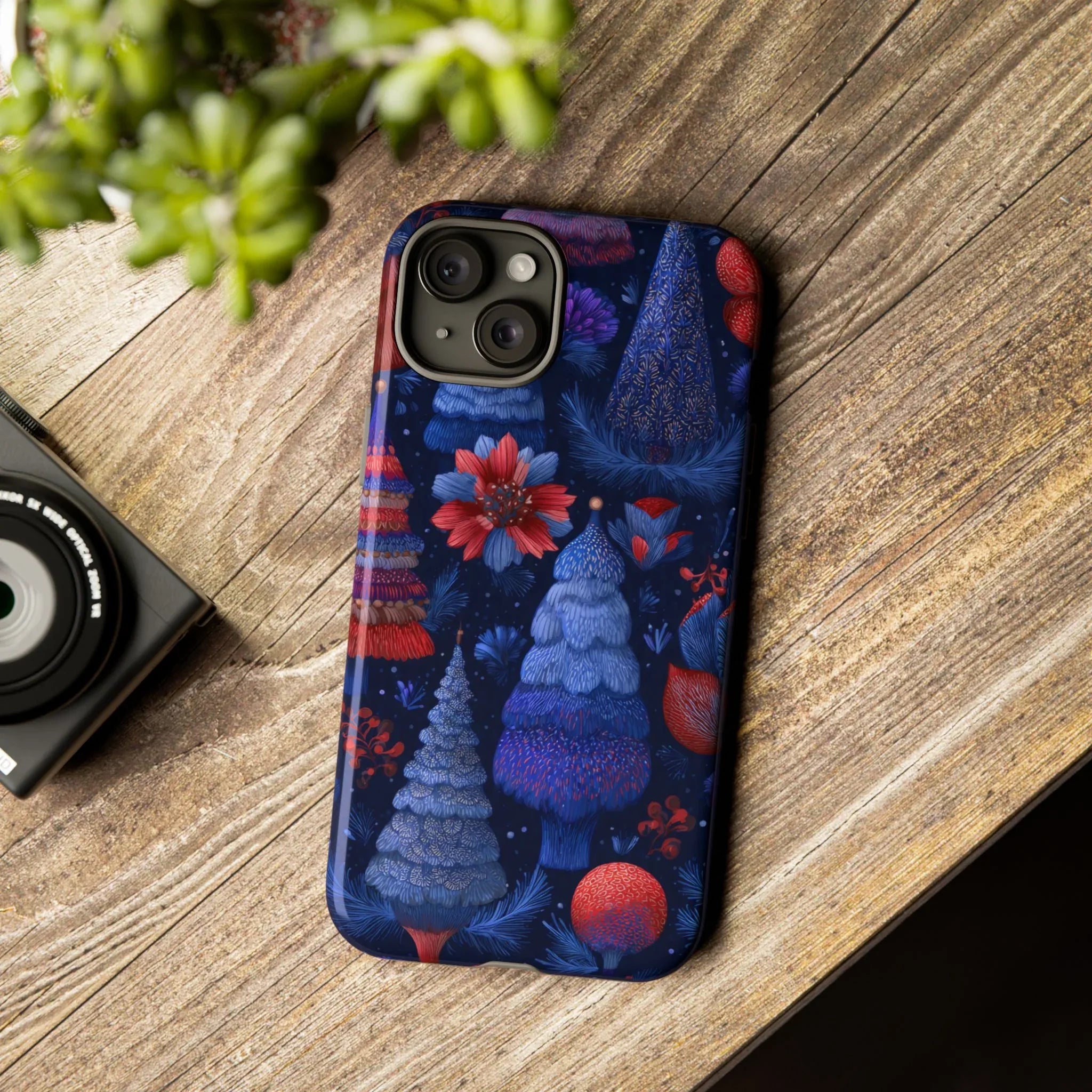 Midnight Blue Christmas Forest Phone Case for iPhone 8-17 and Galaxy S21–S25 - KARARMDESIGN