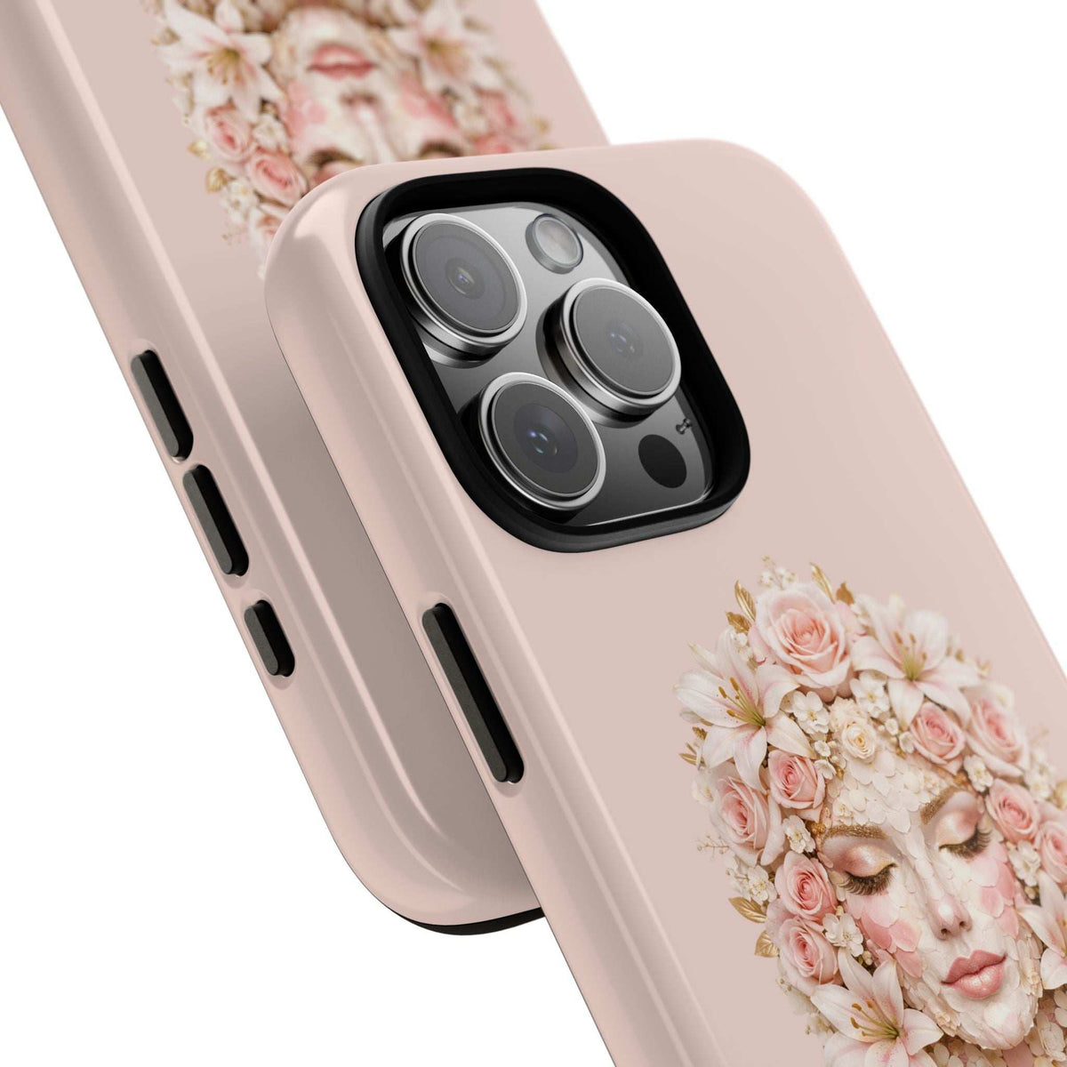 Light pink phone case corner with floral woman artwork and camera lens cutout