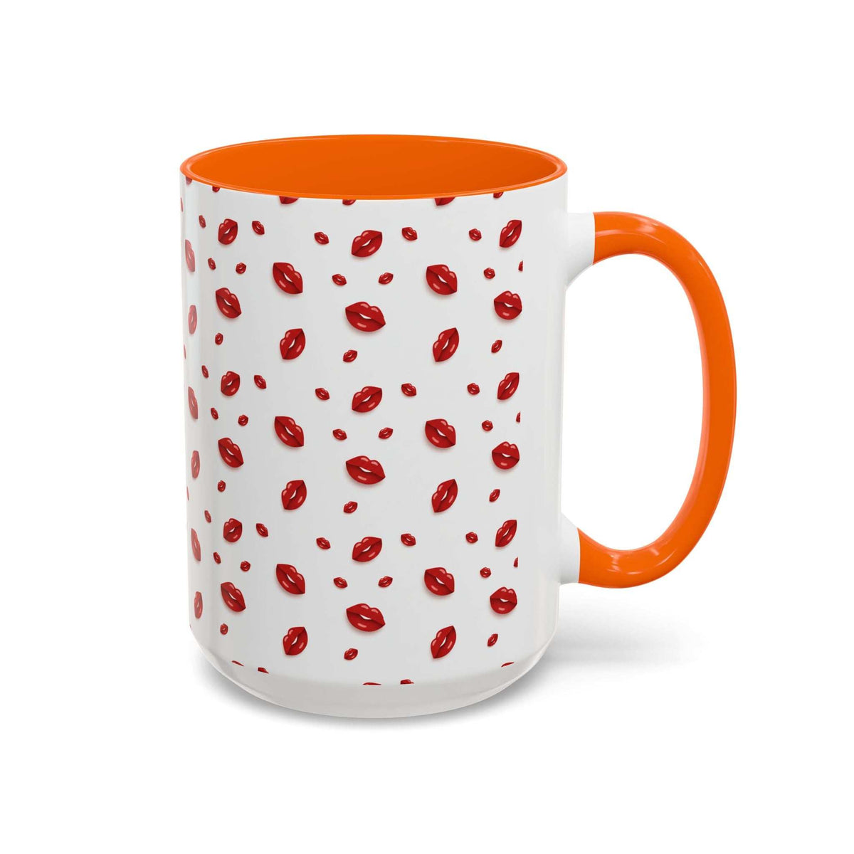 Orange-accent coffee mug with red lips pattern and orange handle