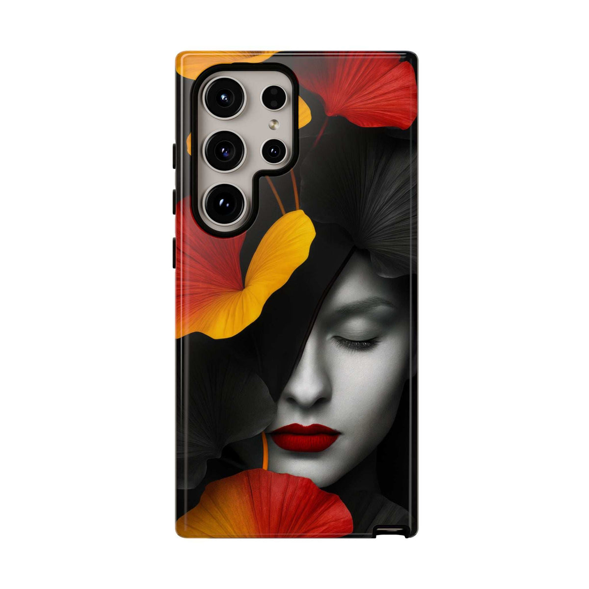 Glossy phone case with red, yellow, and black floral portrait design for iPhone and Galaxy
