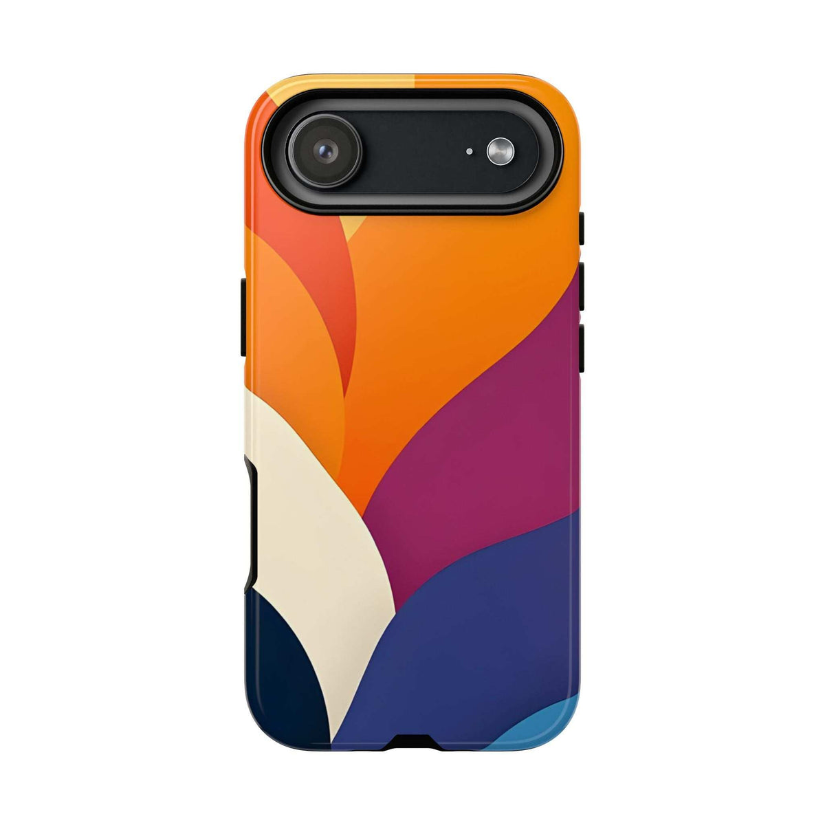 Abstract design phone case back with horizontal camera bar; orange, magenta, cream and navy pattern