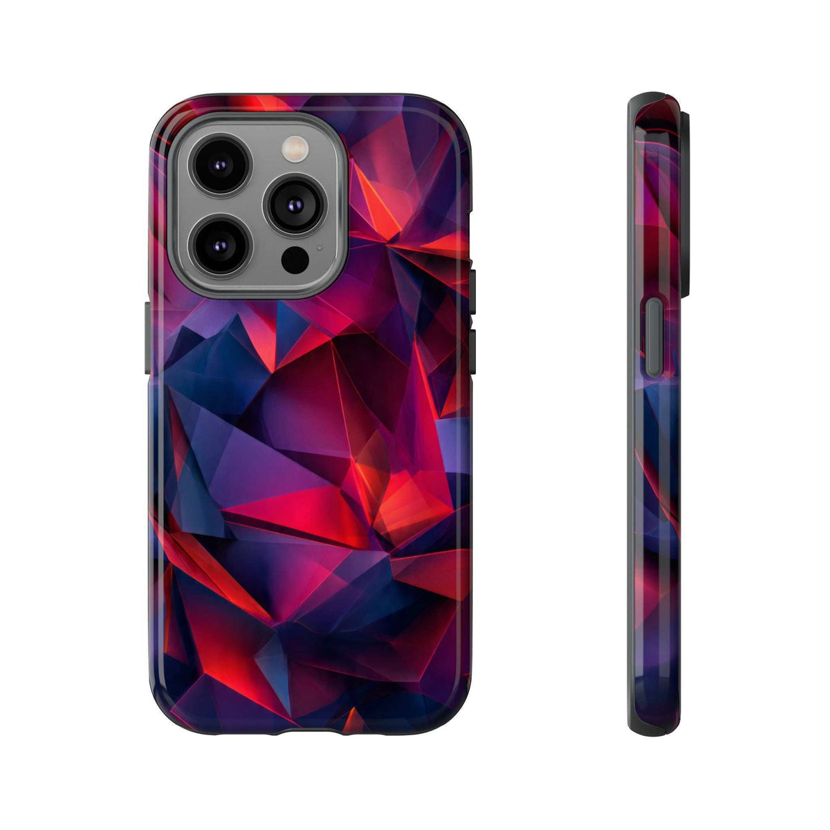 Glossy phone case with geometric prism pattern; camera cutouts and raised edge