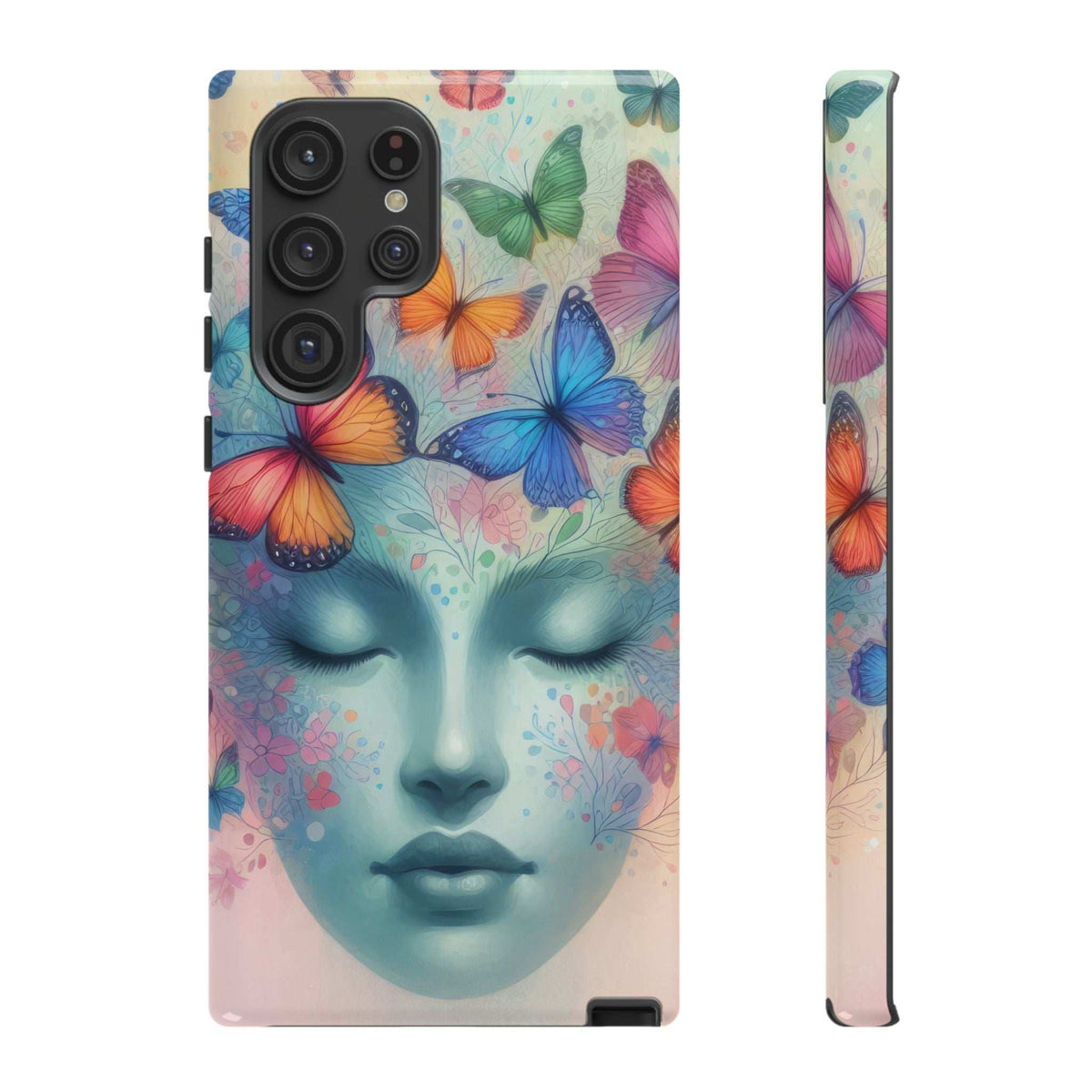 Phone case with butterfly artwork and a serene blue face portrait, side profile on right