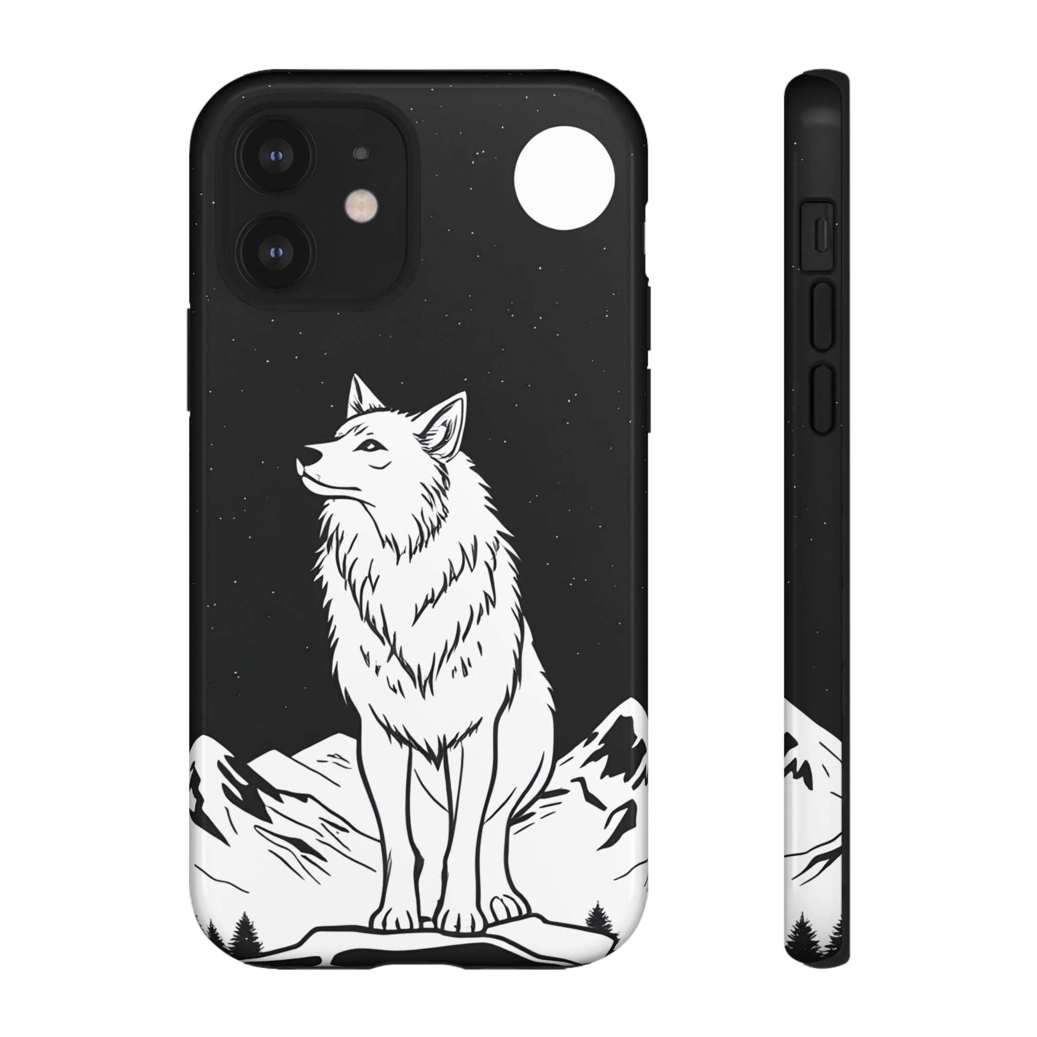Black phone case with white wolf illustration, moon graphic, mountains, and camera cutouts