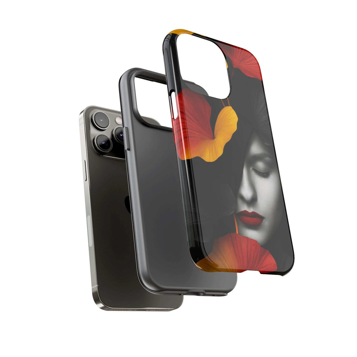Glossy phone case with black exterior and red/yellow flower-and-woman face design.