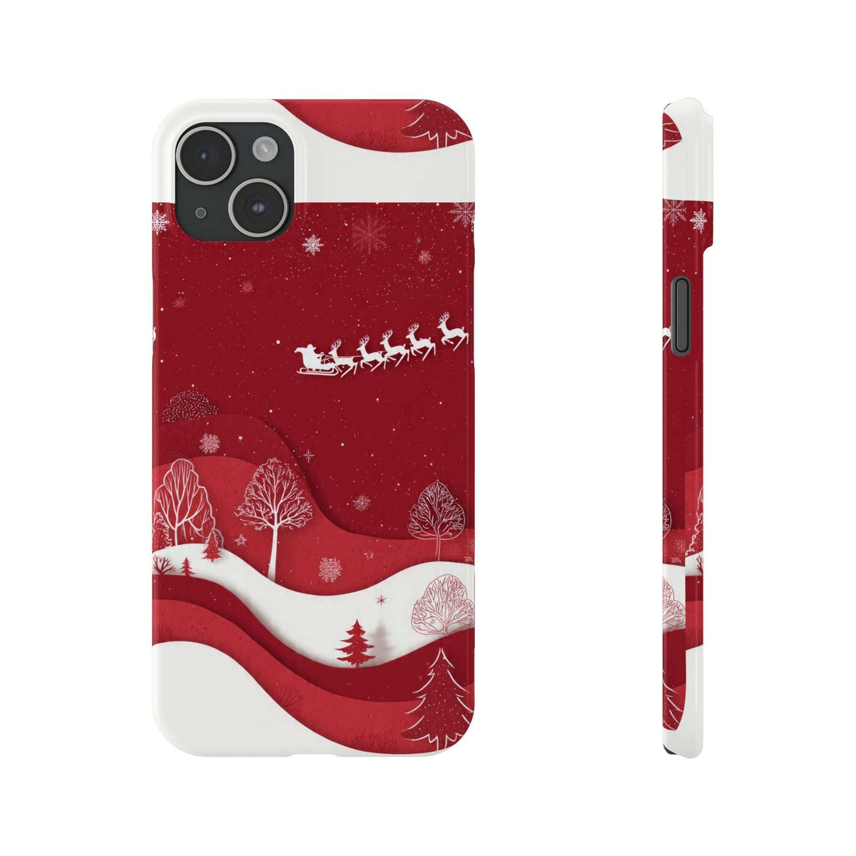 Red holiday phone case with sleigh team and snowy trees; camera cutouts and side profile.