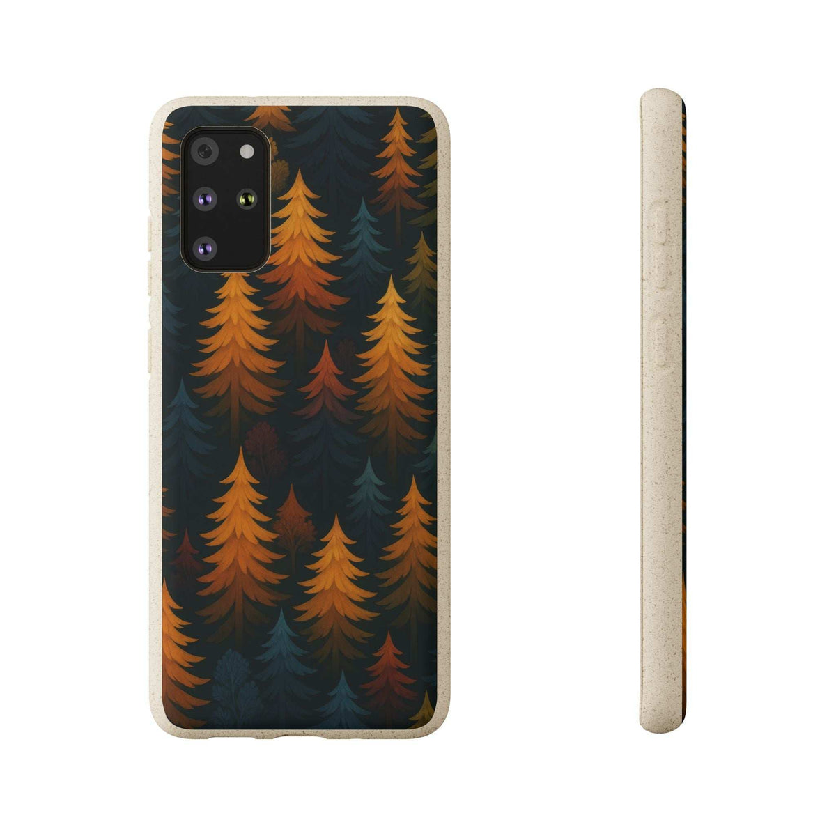 Biodegradable phone case with orange tree pattern; front view with side profile